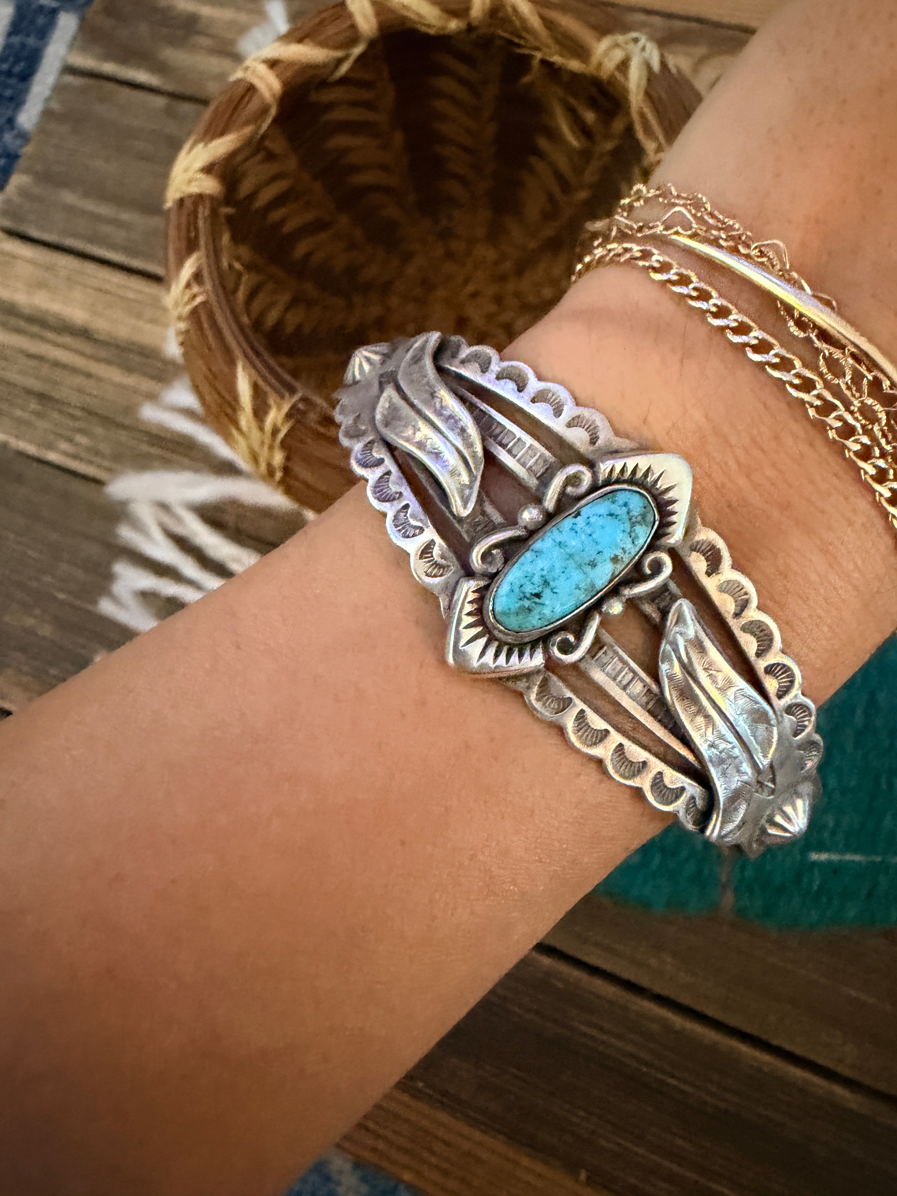 Handcrafted Old Pawn Sterling Silver & Turquoise Cuff Bracelet
