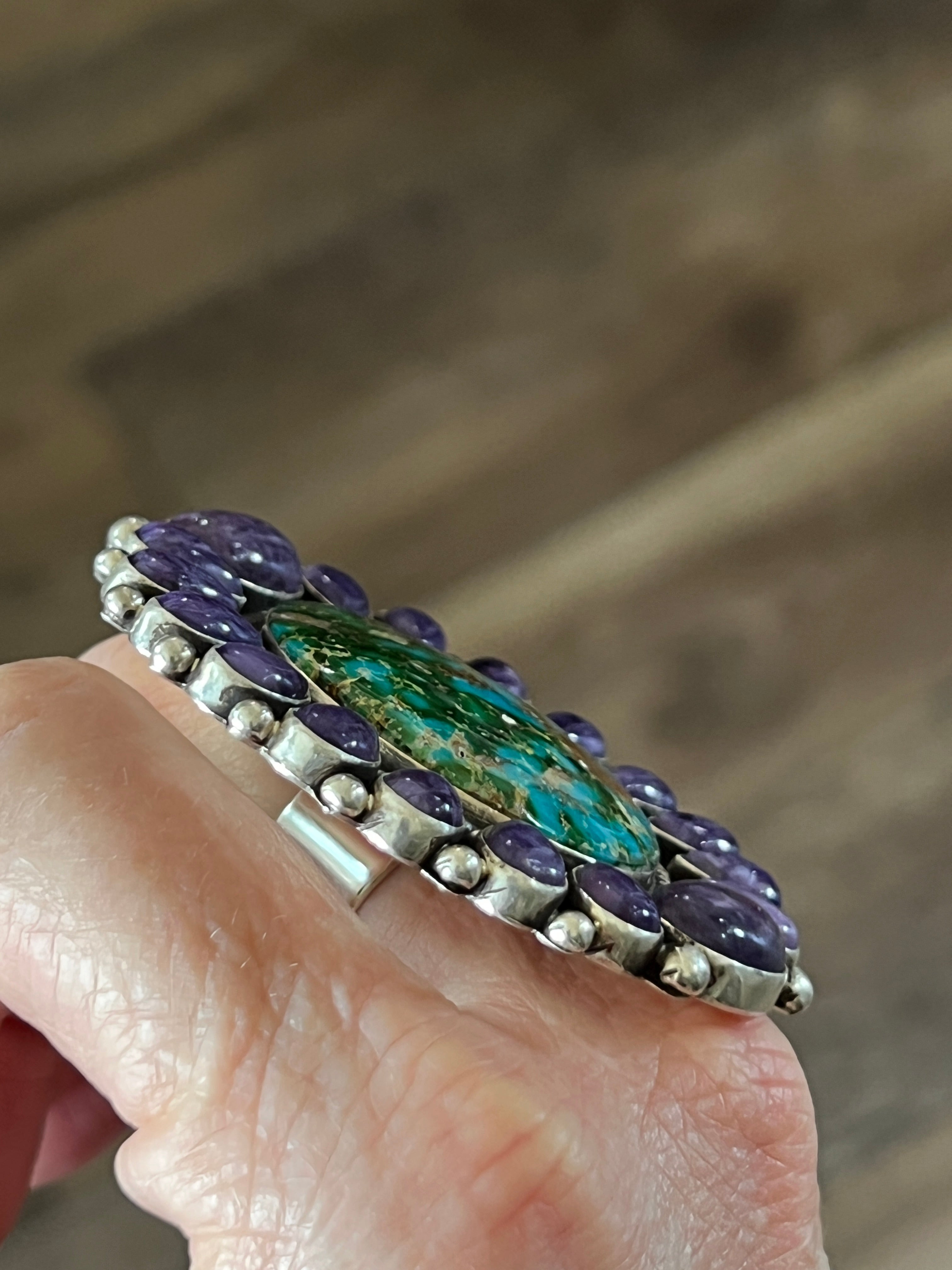 Handcrafted Sterling Silver, Sonoran Turquoise and Charoite Cluster Ring by Tyler Brown: Adjustable