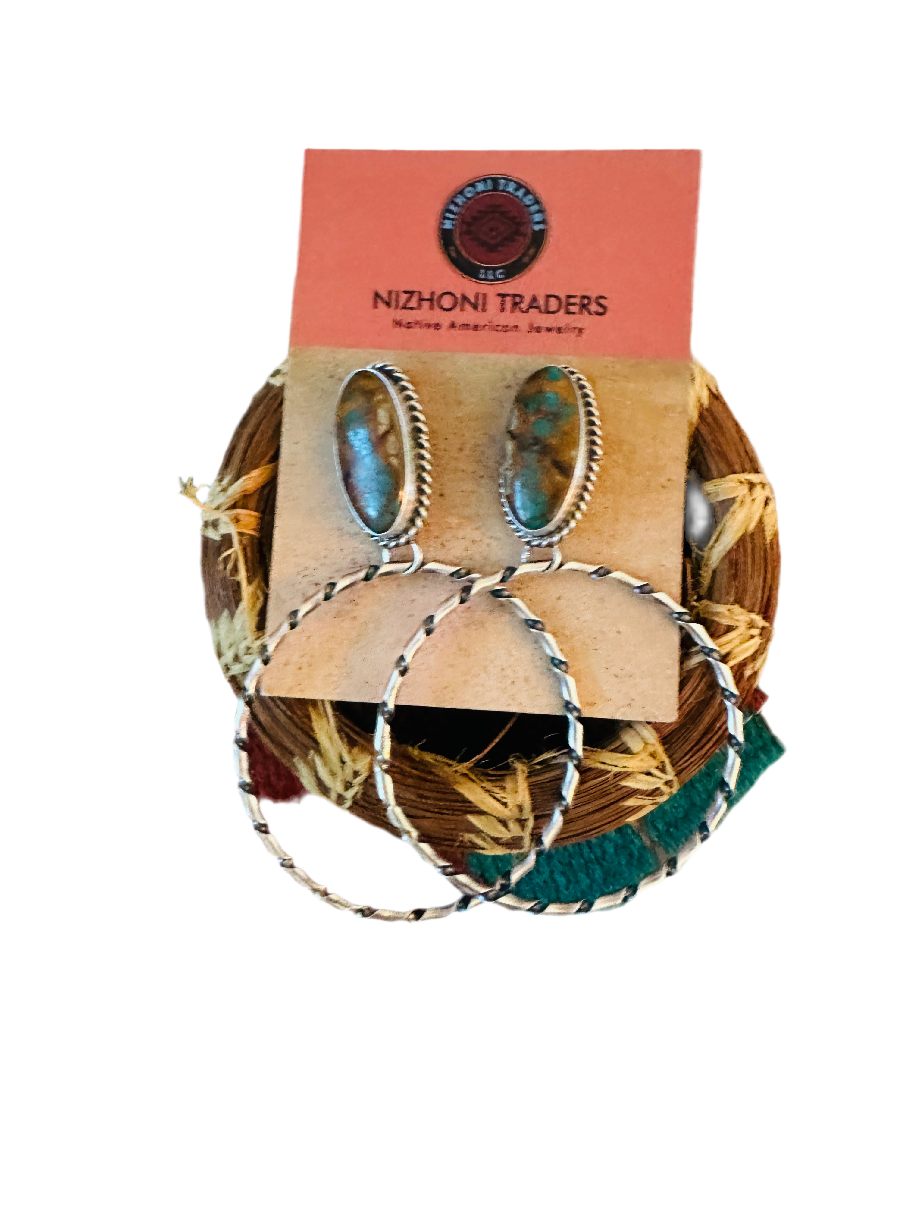 Navajo Ribbon Turquoise and Sterling Silver Dangle Hoop Earrings