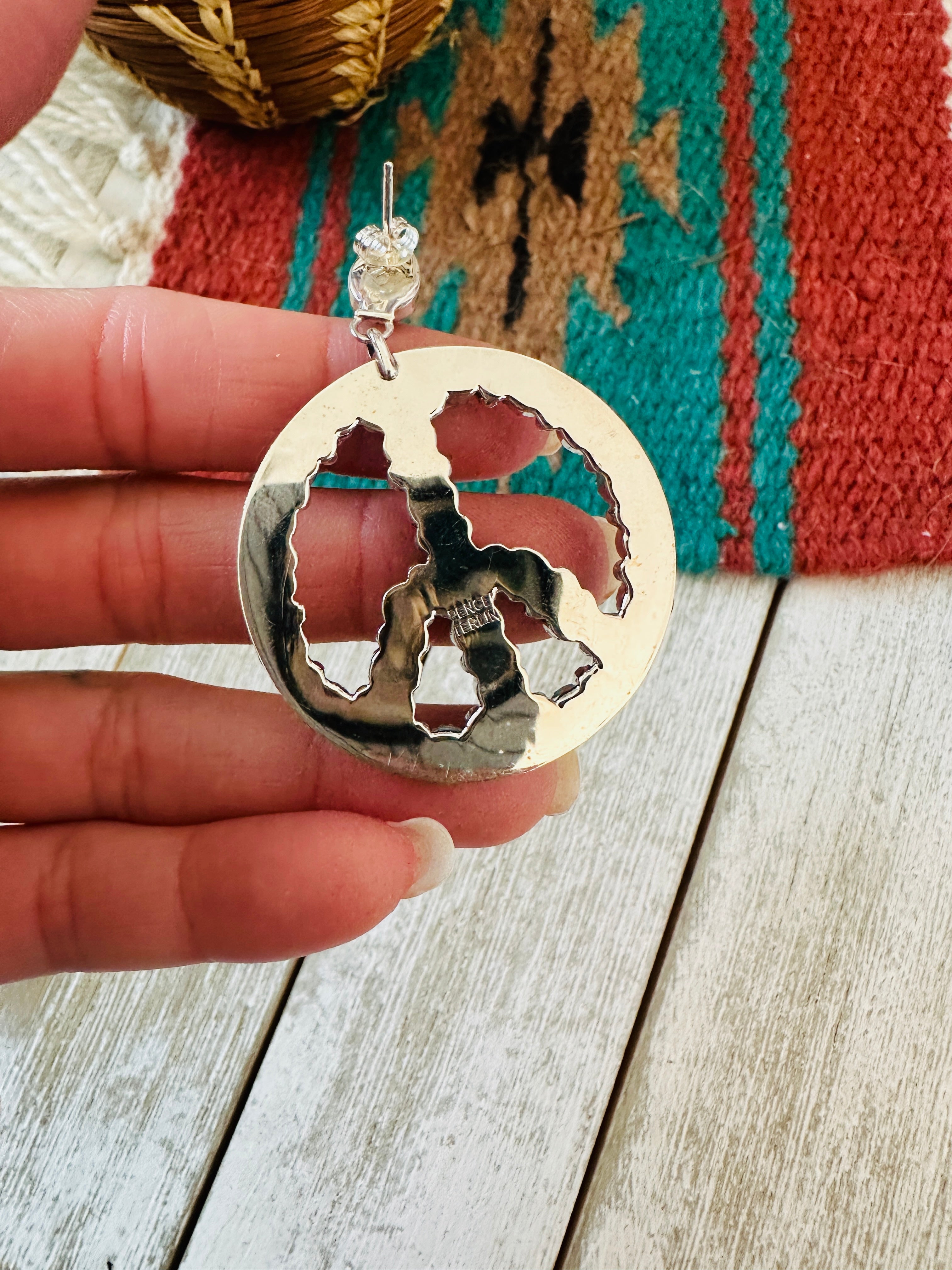 Handcrafted Turquoise & Sterling Silver Peace Sign Dangle Earrings