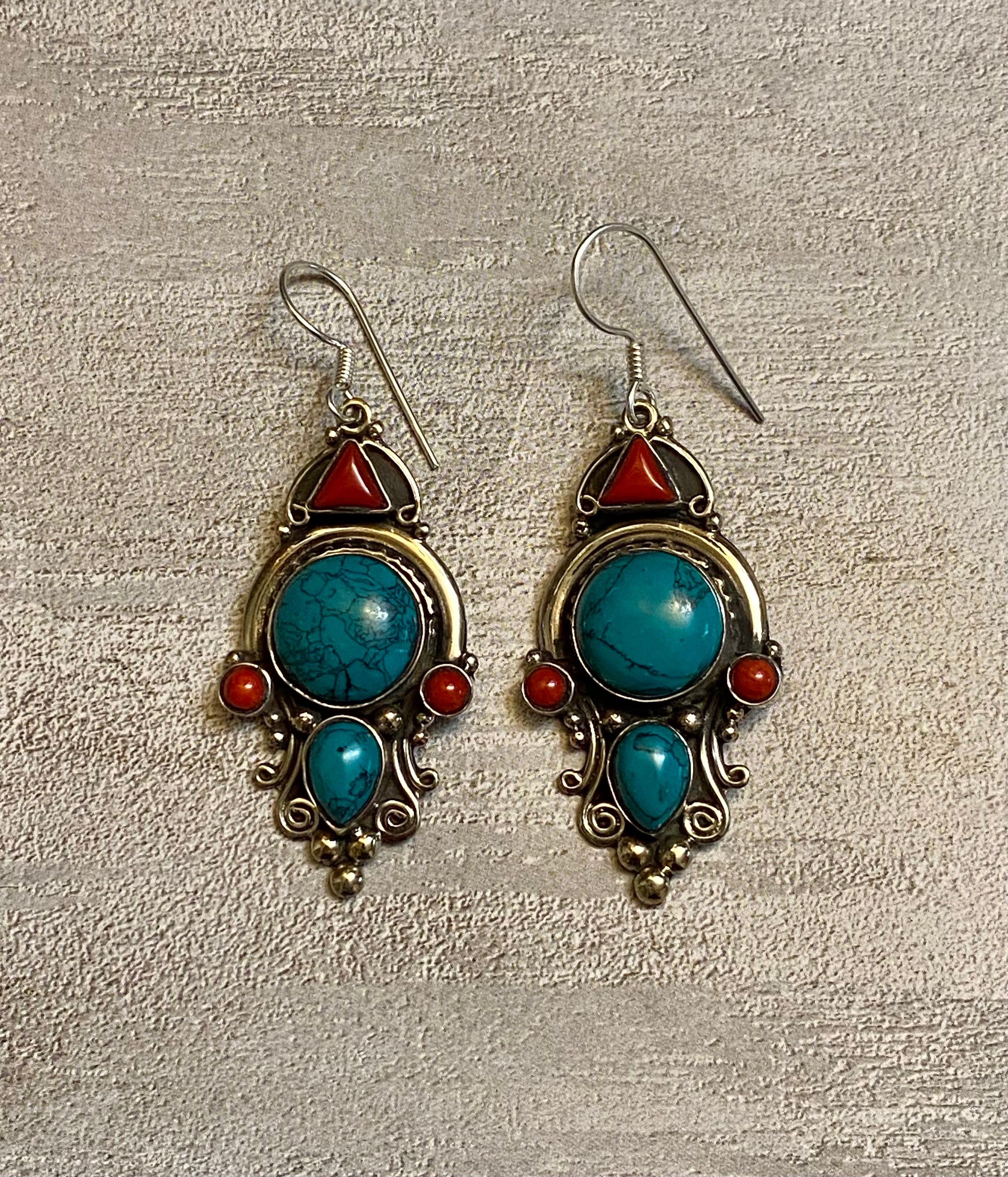 Silver Elegant Turquoise & Red Coral Dangle Statement Earrings