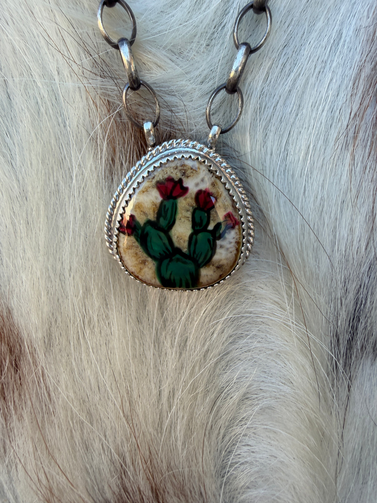 Handmade Sterling Silver & Jasper Painted Cactus Necklace