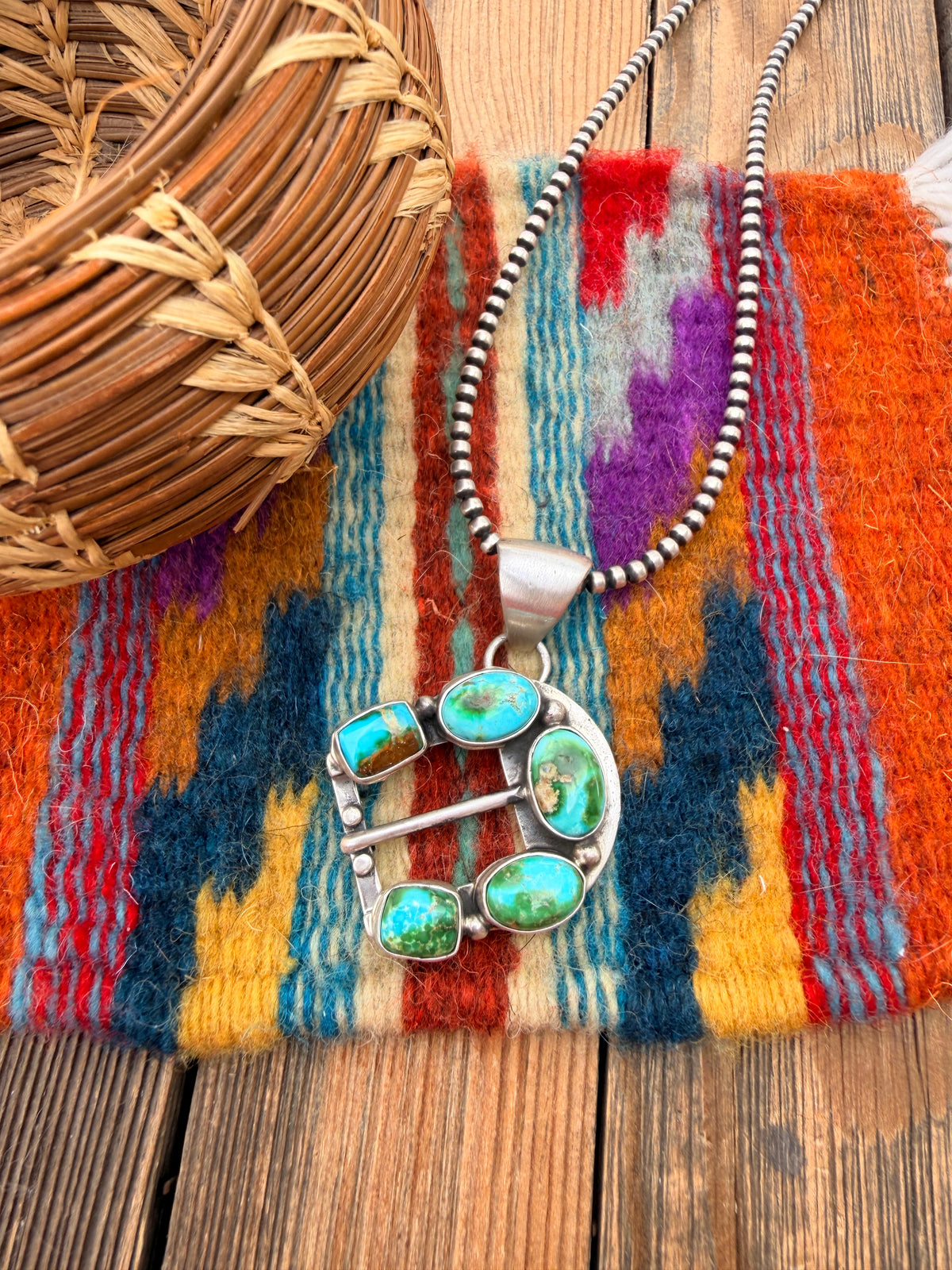 Handcrafted Sterling Silver & Turquoise Belt Buckle Pendant by Russell Sam