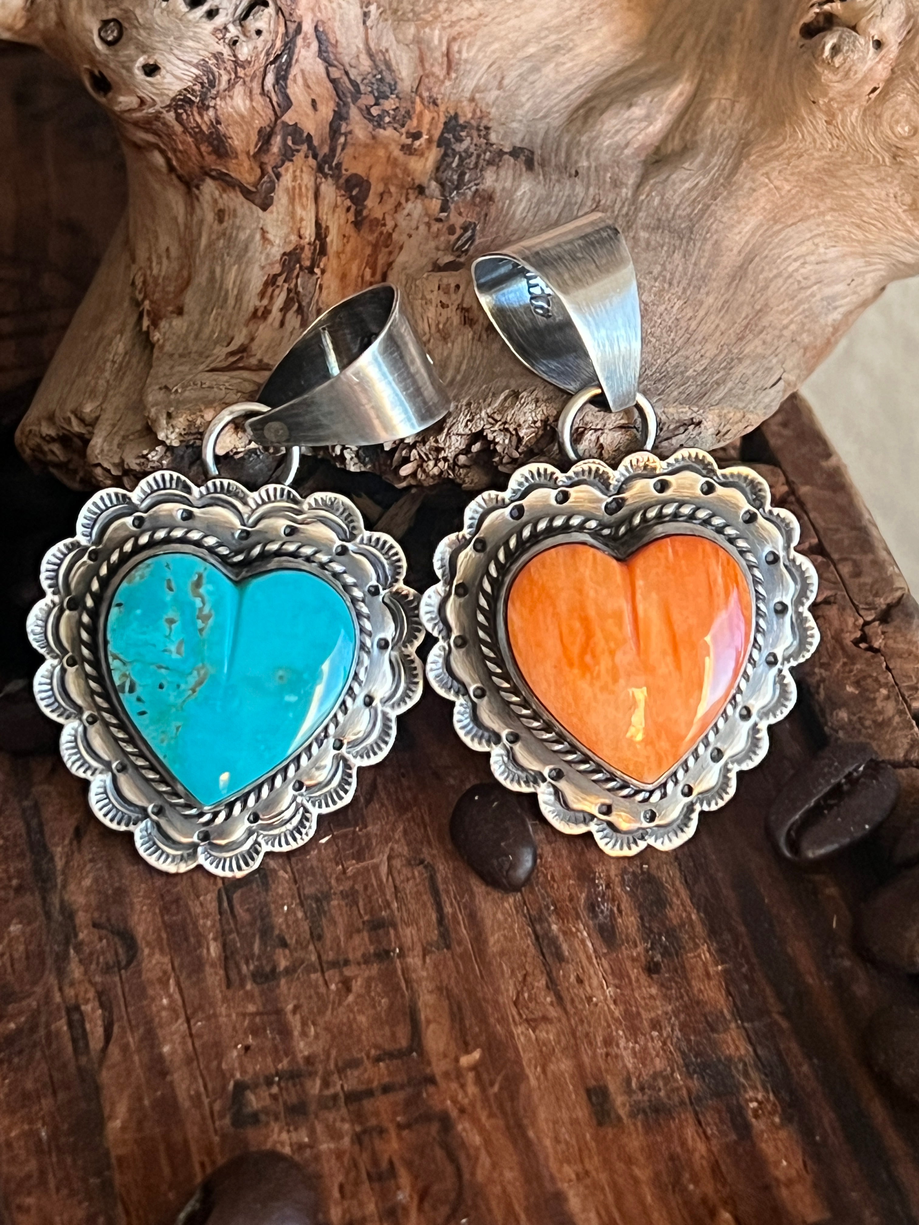 Hand Stamped Sterling Silver & Kingman Turquoise or Spiny Oyster Heart Pendants by June Delgarito