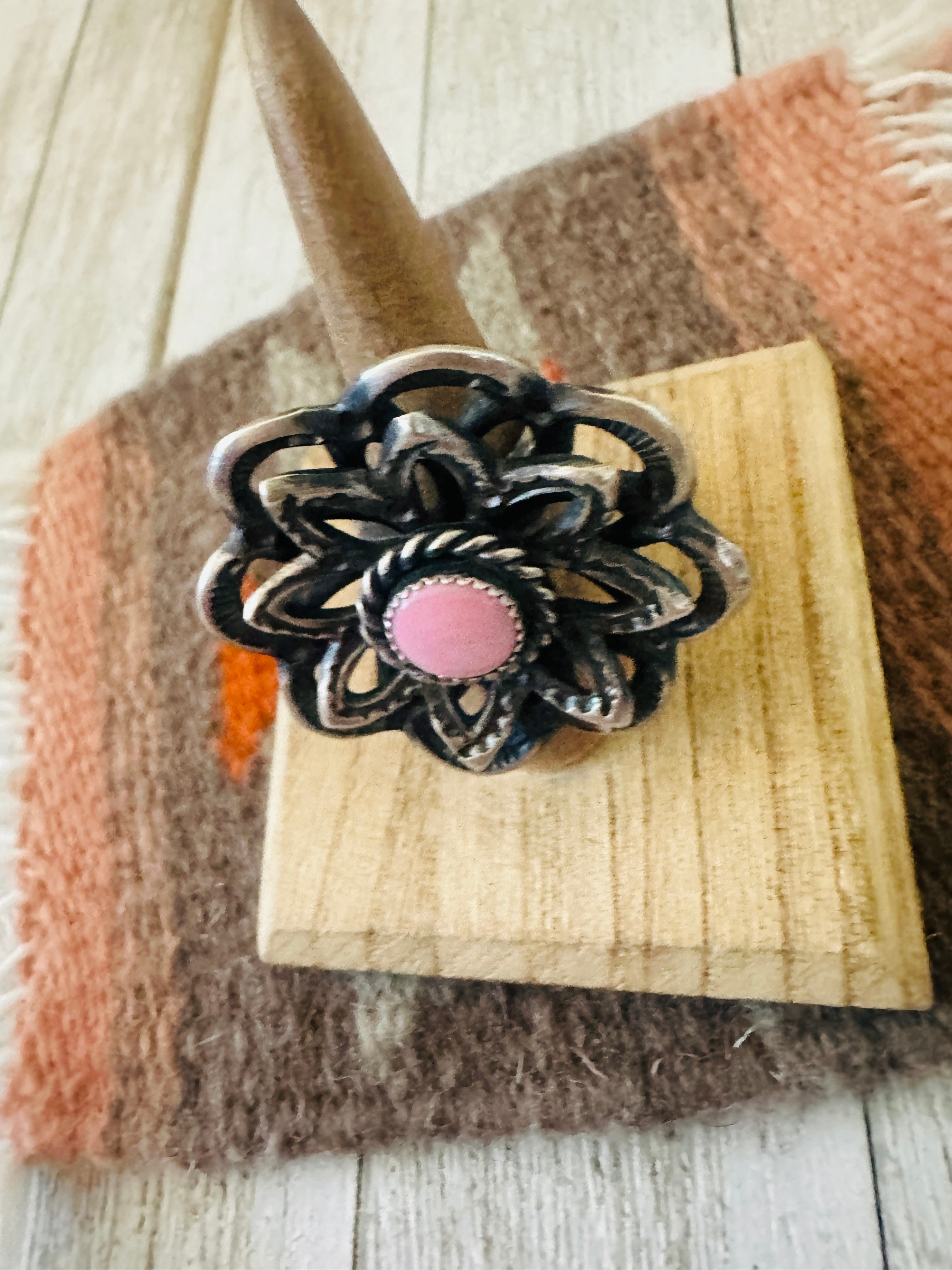 Handcrafted Sterling Silver & Queen Pink Conch Shell Adjustable Flower Ring by Kevin Billah