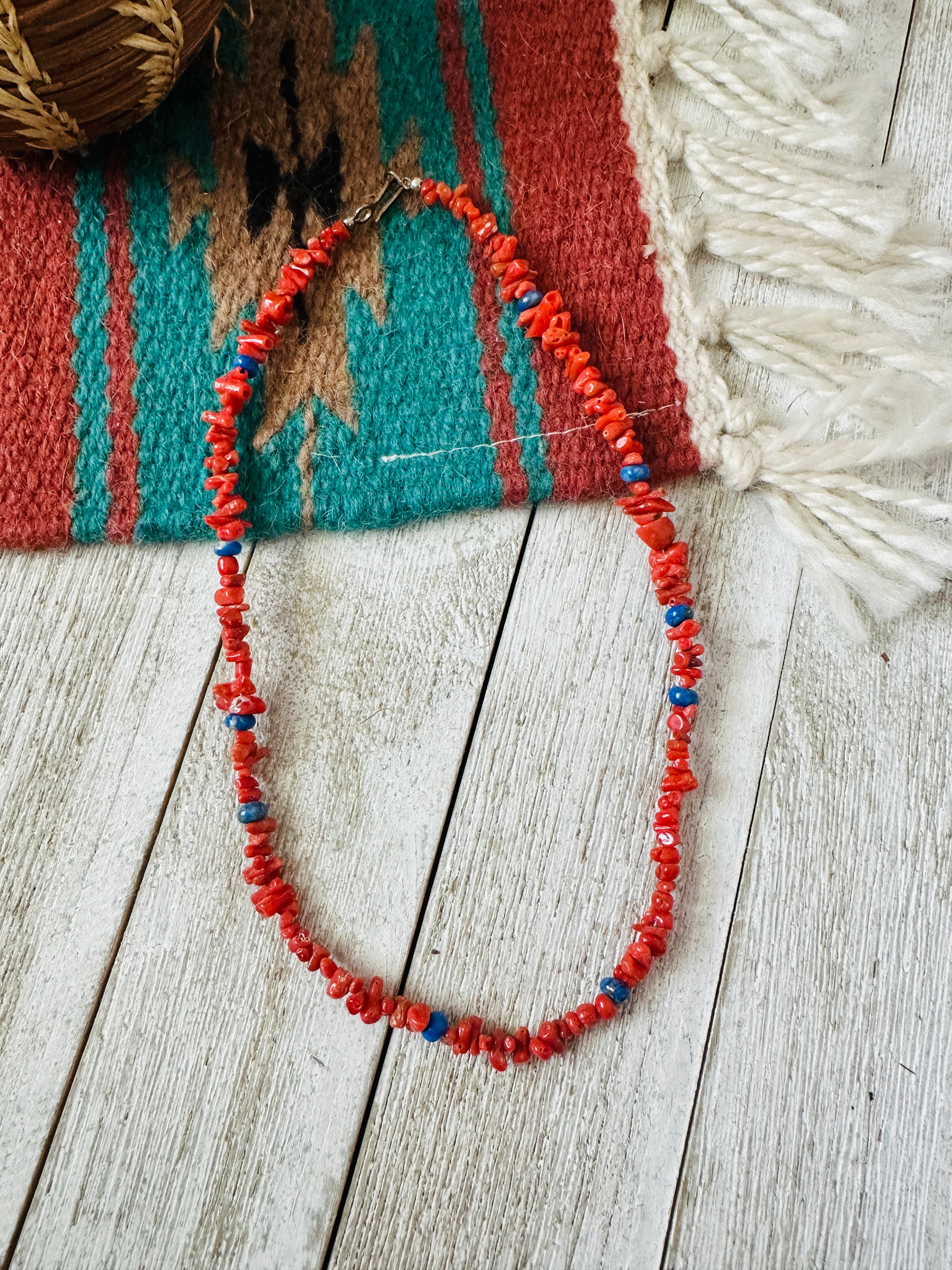Handcrafted Apple Coral, Lapis & Sterling Beaded Necklace