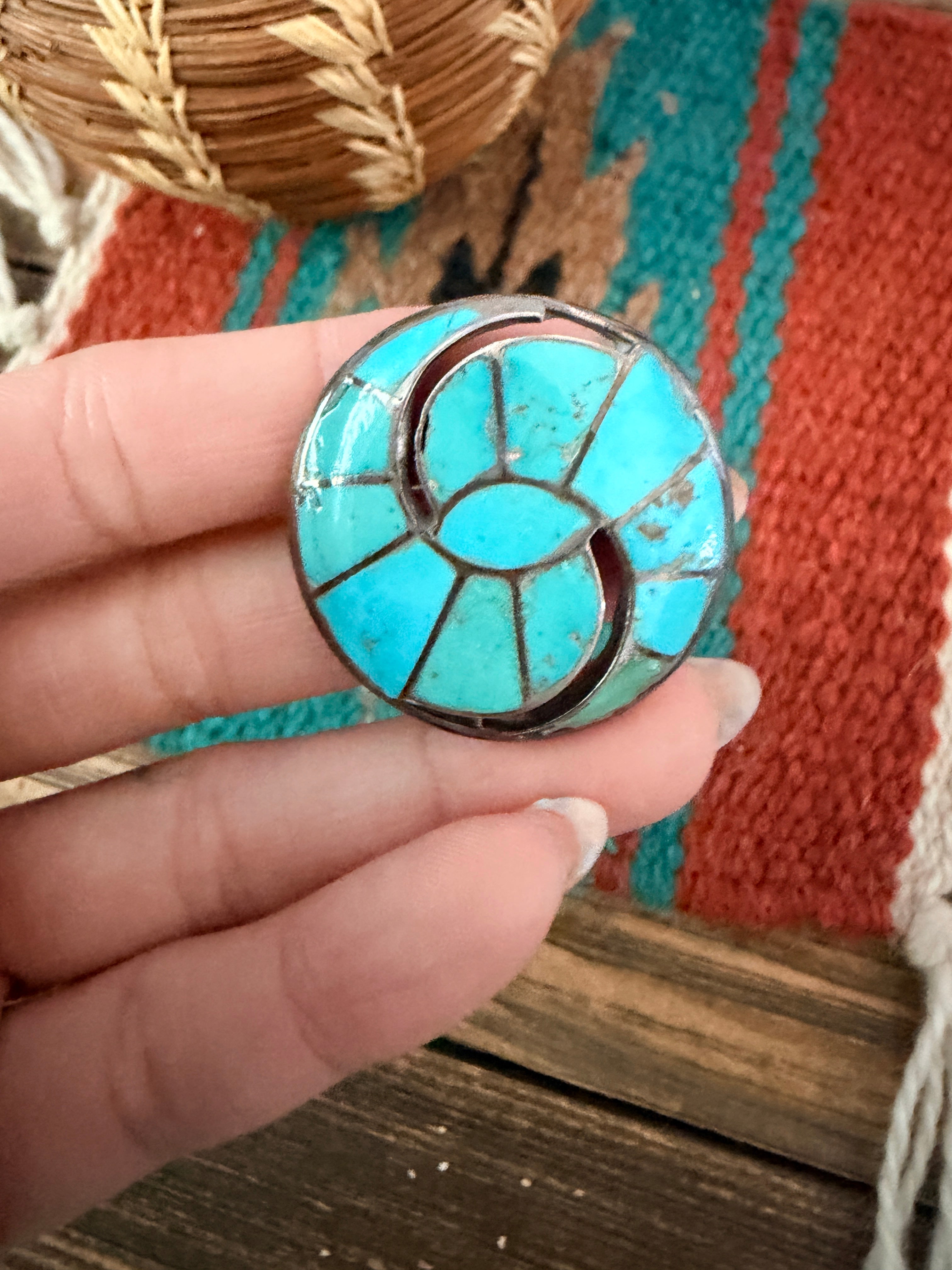 Old Pawn Handcrafted Turquoise and Sterling Silver Inlay Brooch