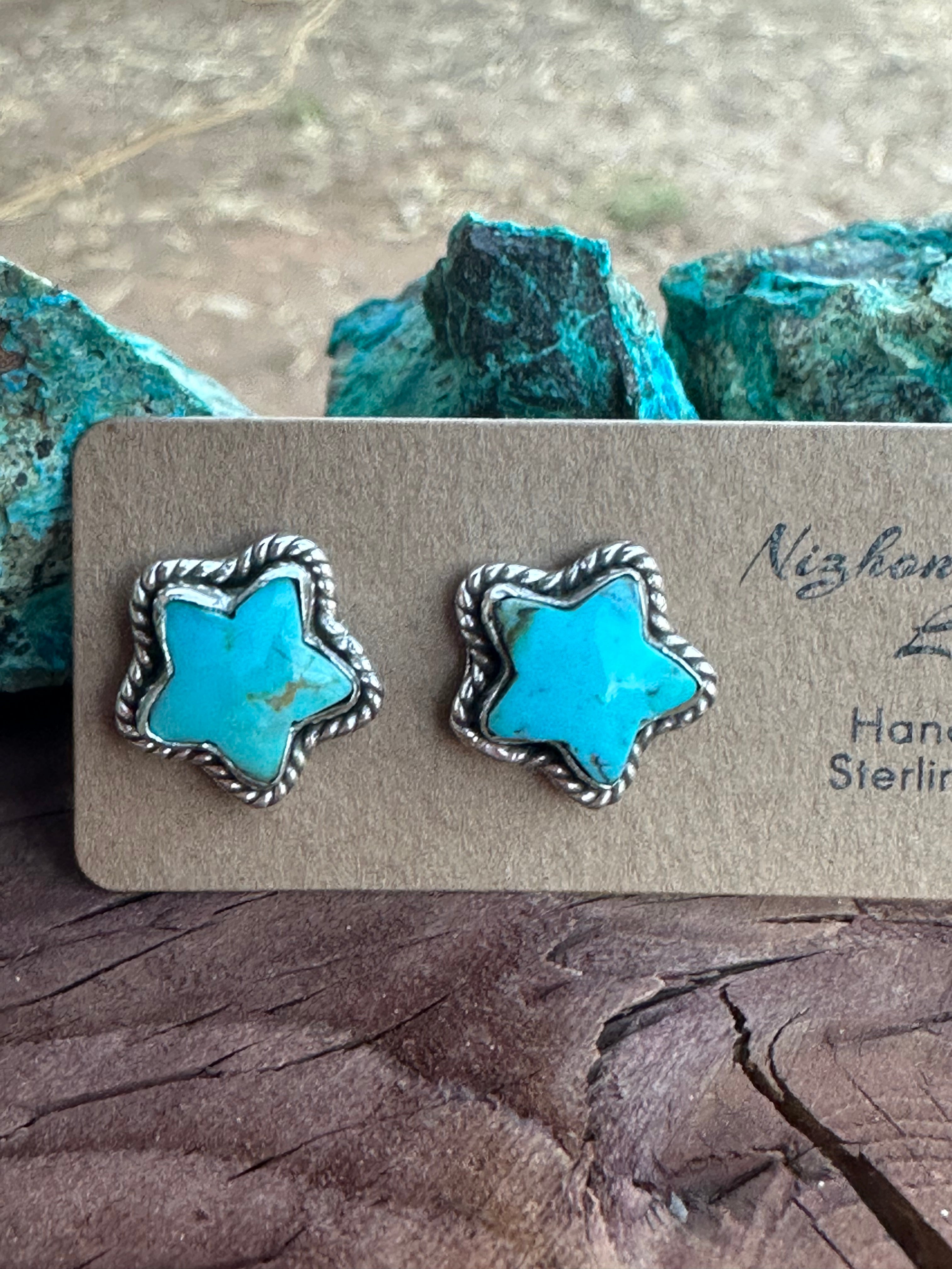 Handmade Sizzling Star Sterling Silver & Turquoise Post Earrings