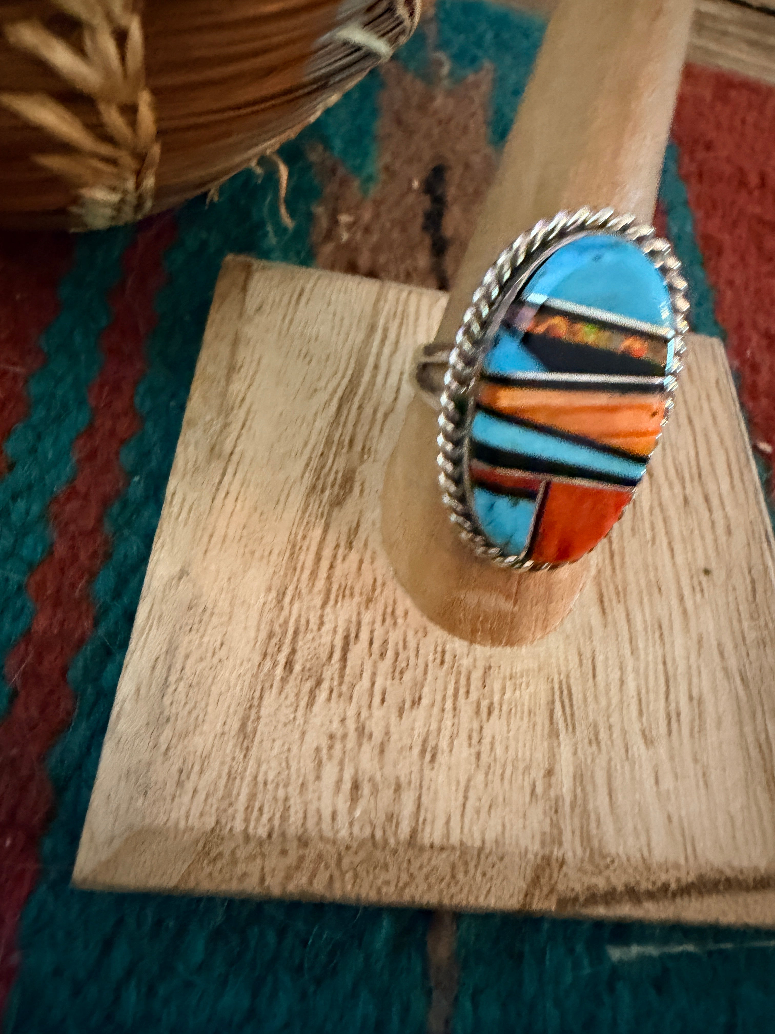 Handcrafted Multi Stone & Sterling Silver Inlay Ring Size 9