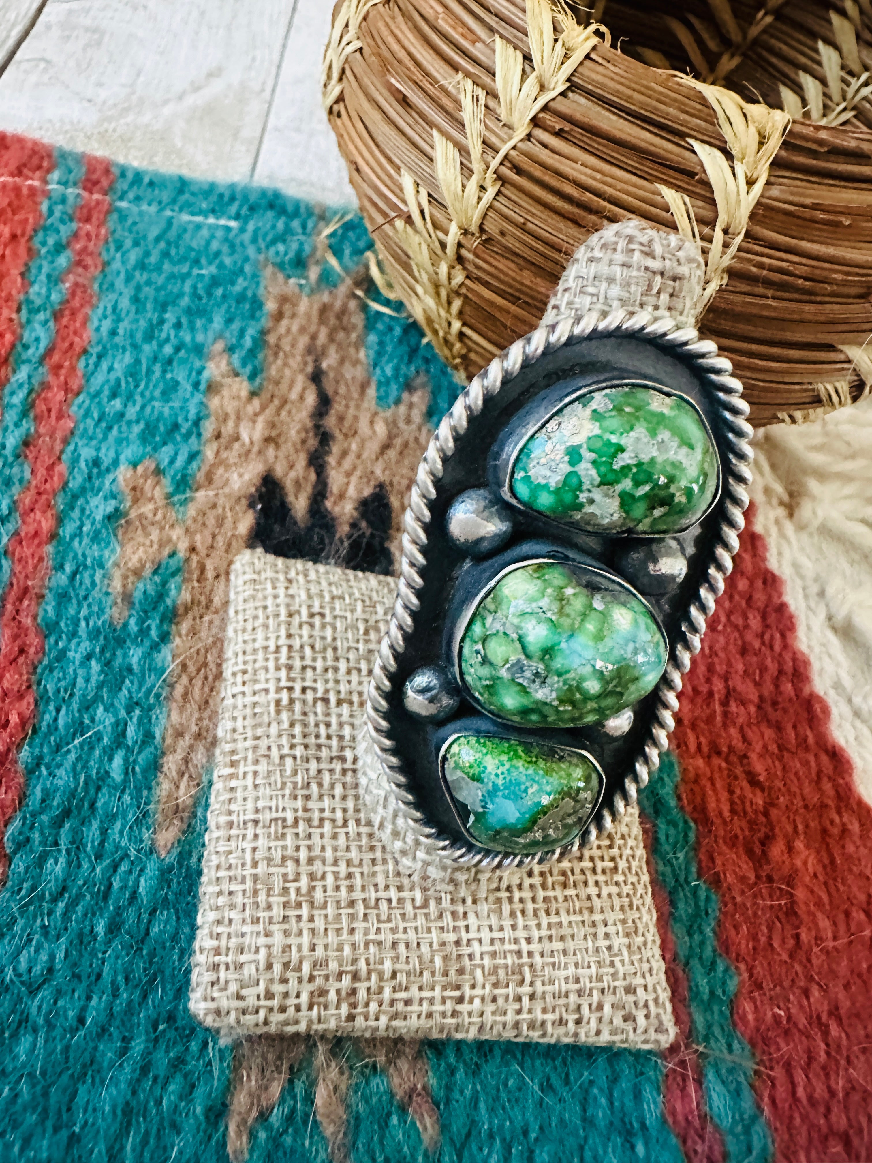 Handcrafted Sonoran Mountain Turquoise & Sterling Silver Ring Chimney Butte Size 9