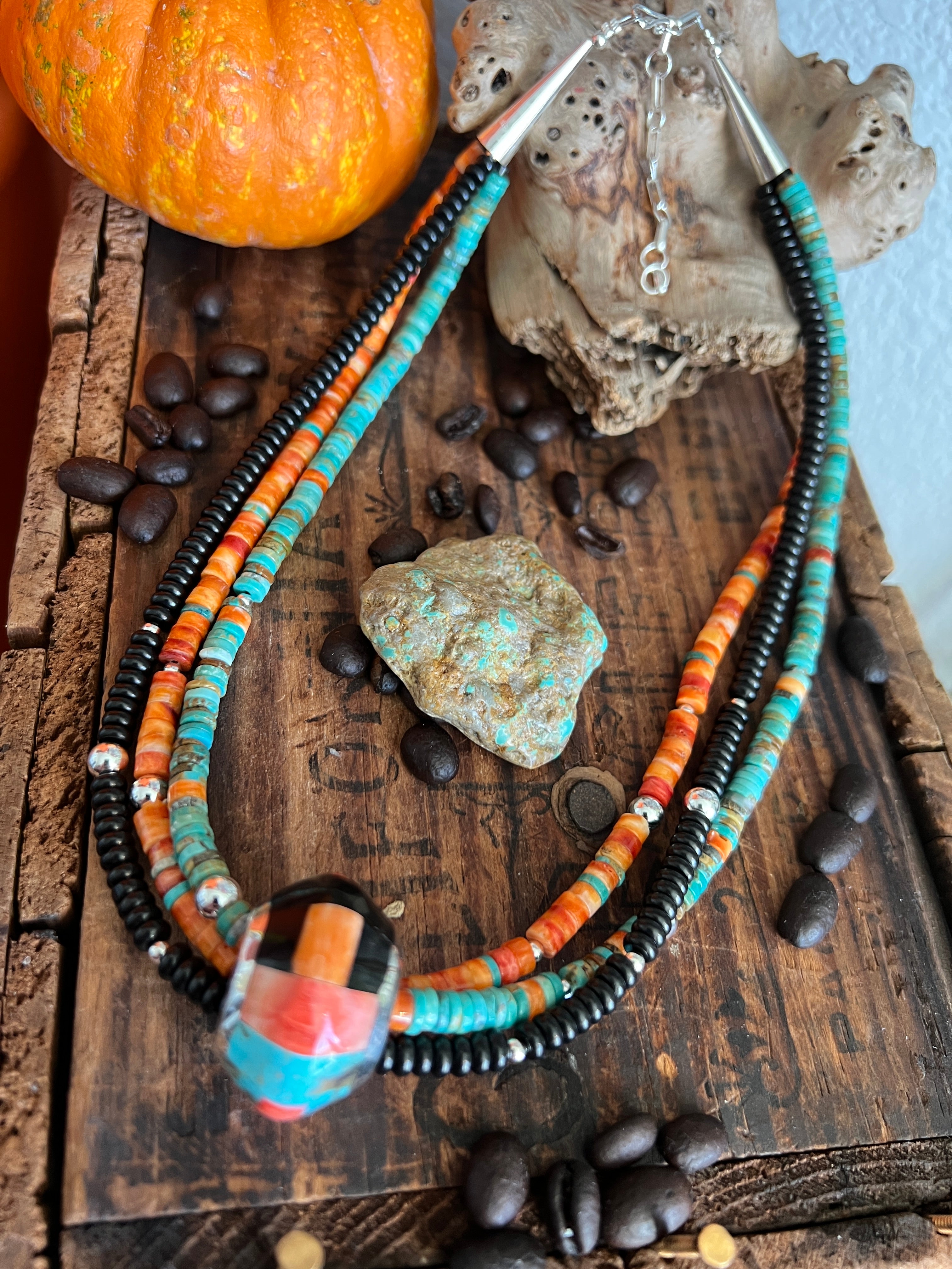Daniel Coriz Triple Strand Spiny Oyster, Onyx and Turquoise Beaded Necklace w/ Removable Sterling Silver & Stone Inlay Bead
