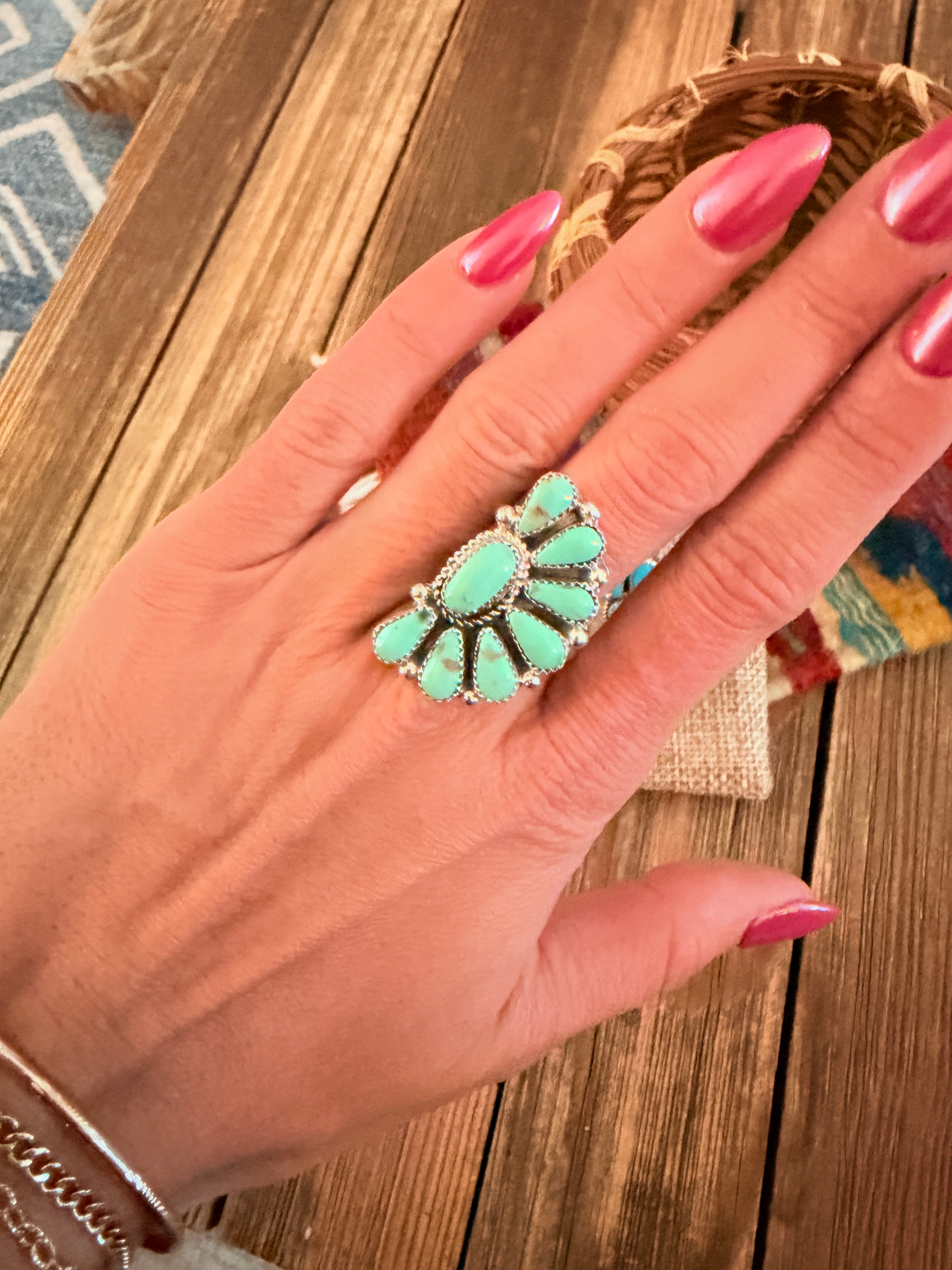 Handcrafted Turquoise & Sterling Silver Adjustable Cluster Ring