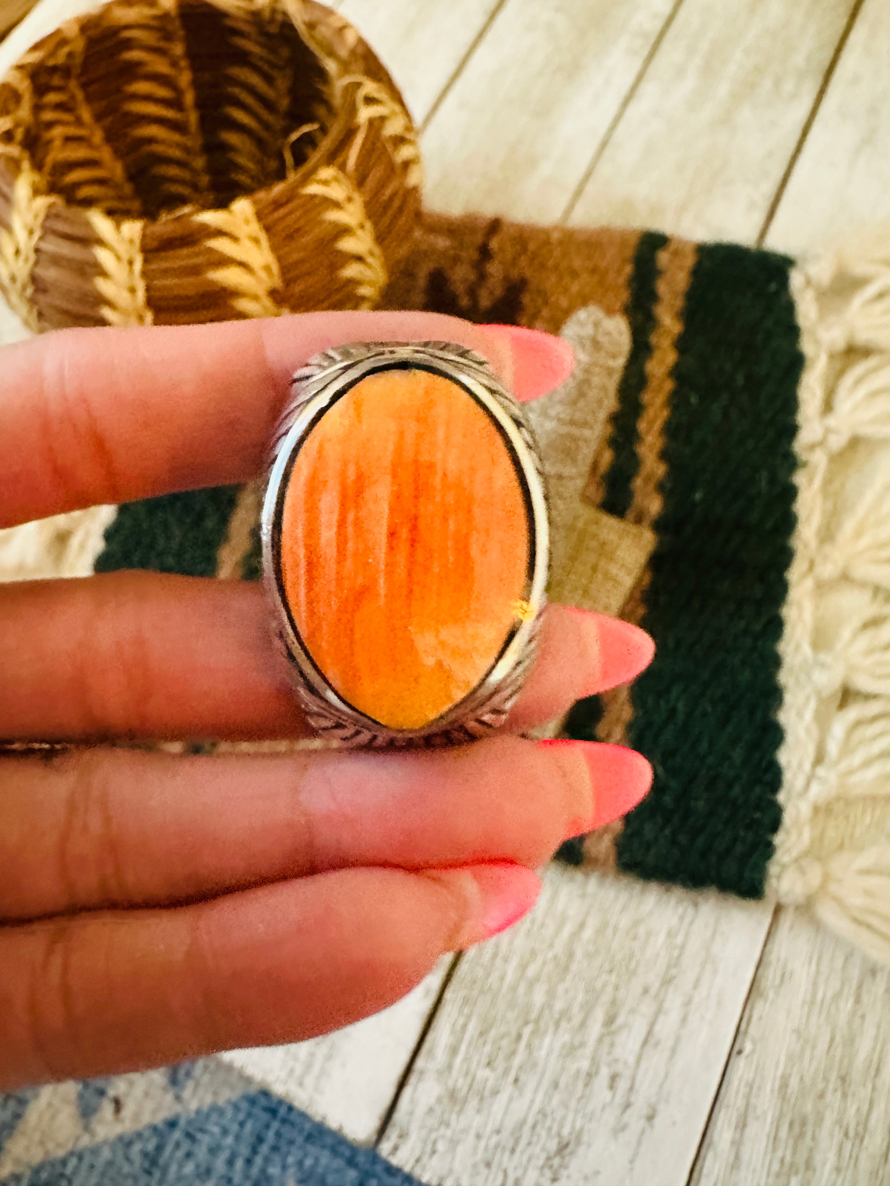 Handcrafted Old Pawn Sterling Silver & Orange Spiny Men’s Ring Size 12