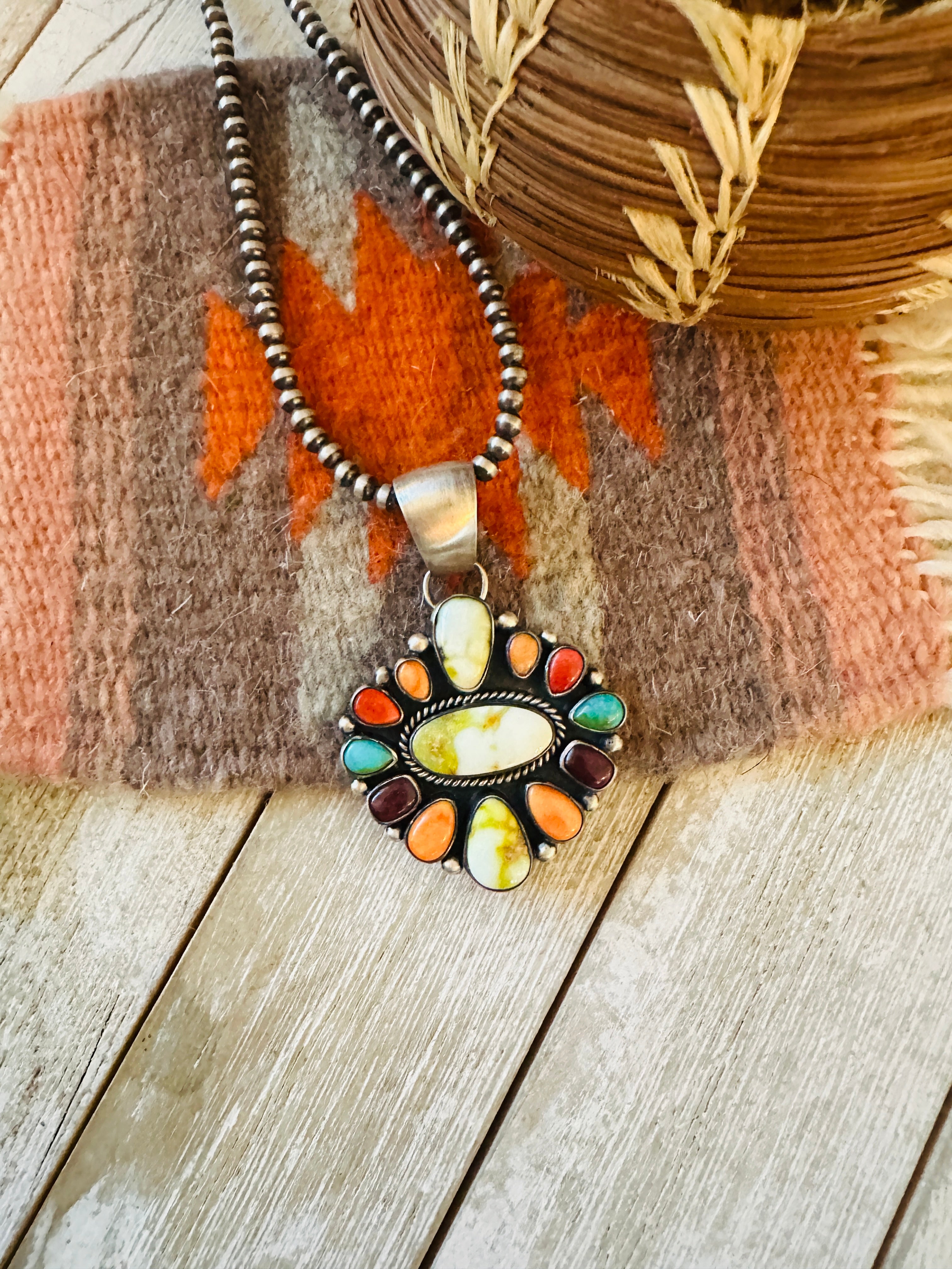 Handcrafted Electric Rainbow Turquoise, Spiny & Sterling Silver Cluster Pendant by Angela Martin
