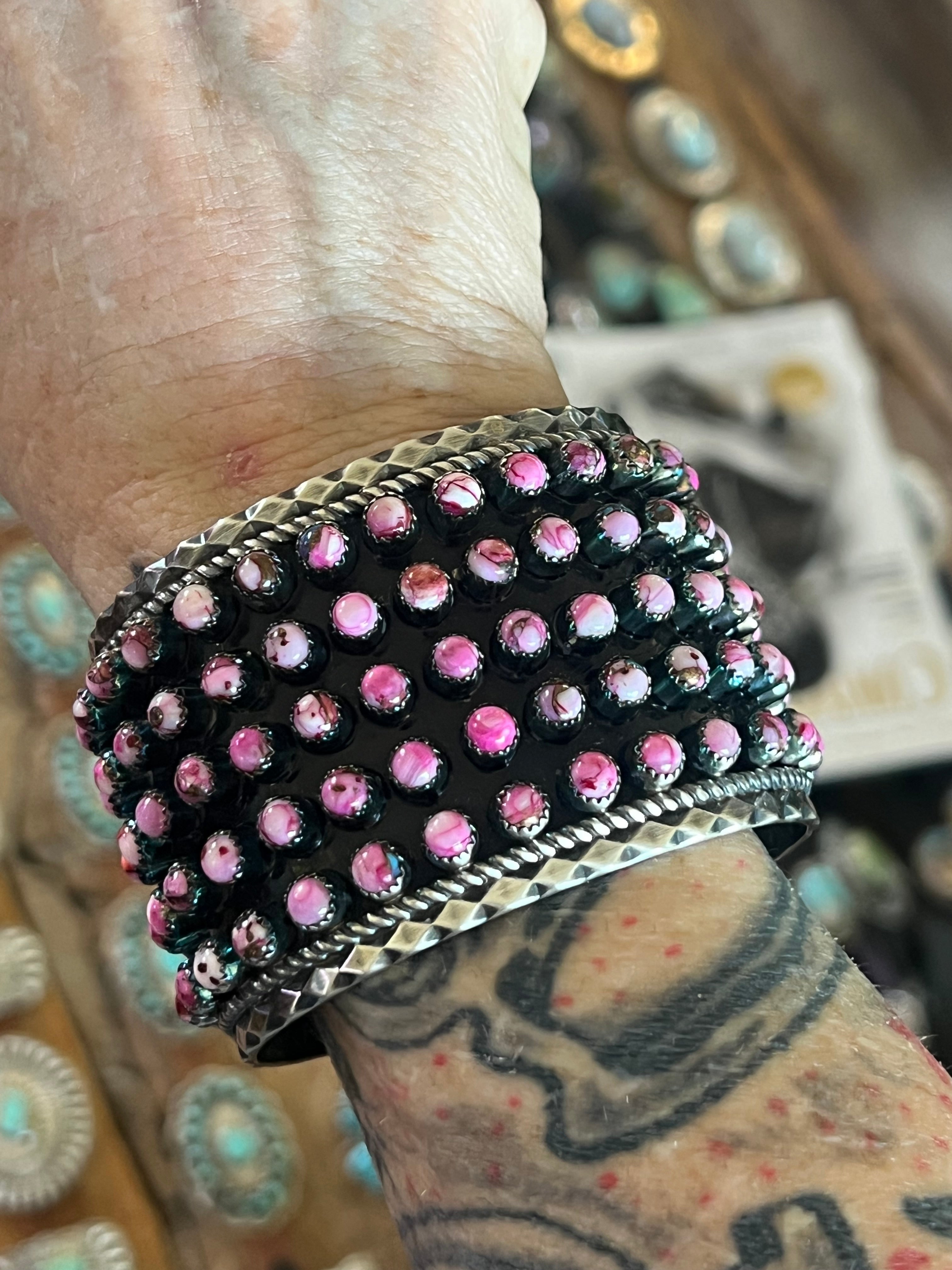 Handcrafted Sterling Silver and Pink Dream Mohave Snake Eye Style Five Row Cuff Bracelet, Signed BJ /