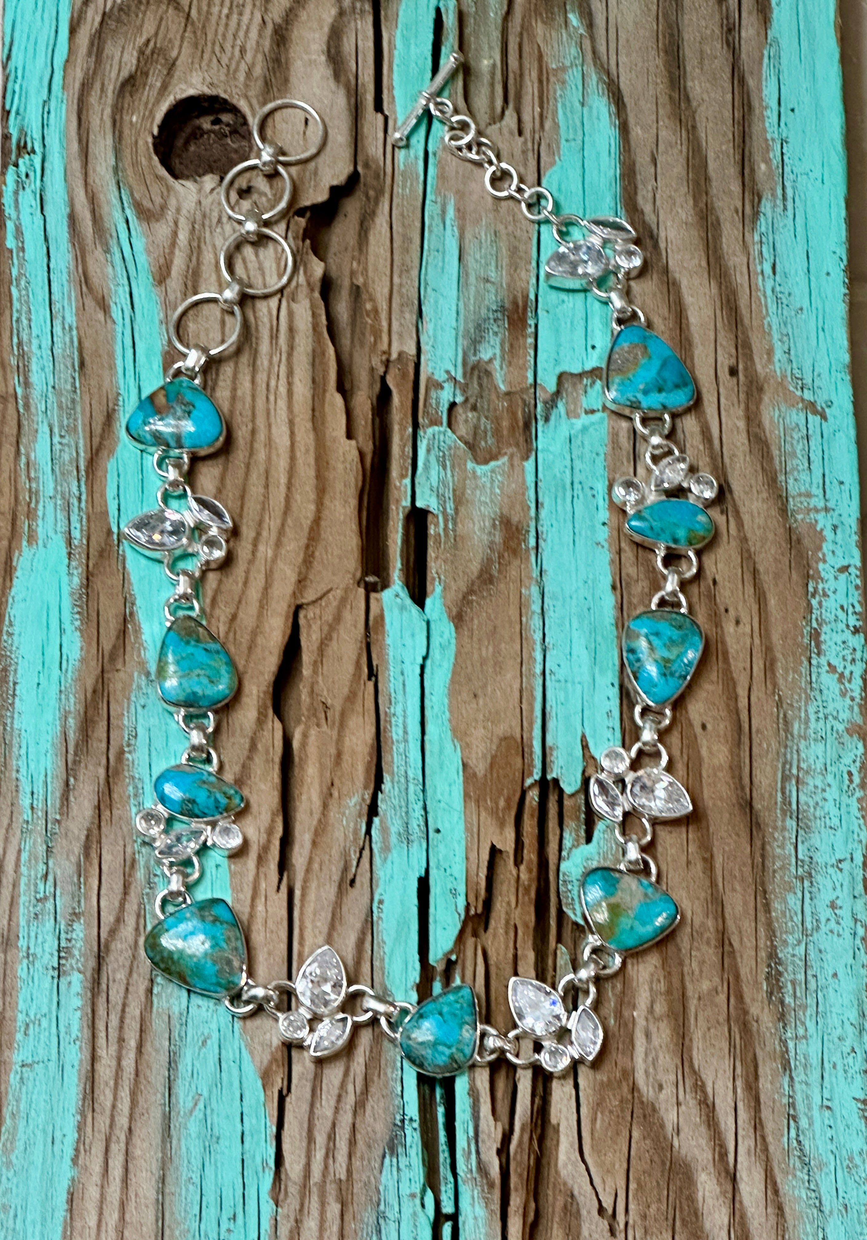 Turquoise 9 Stone & CZ Sterling Silver Necklace