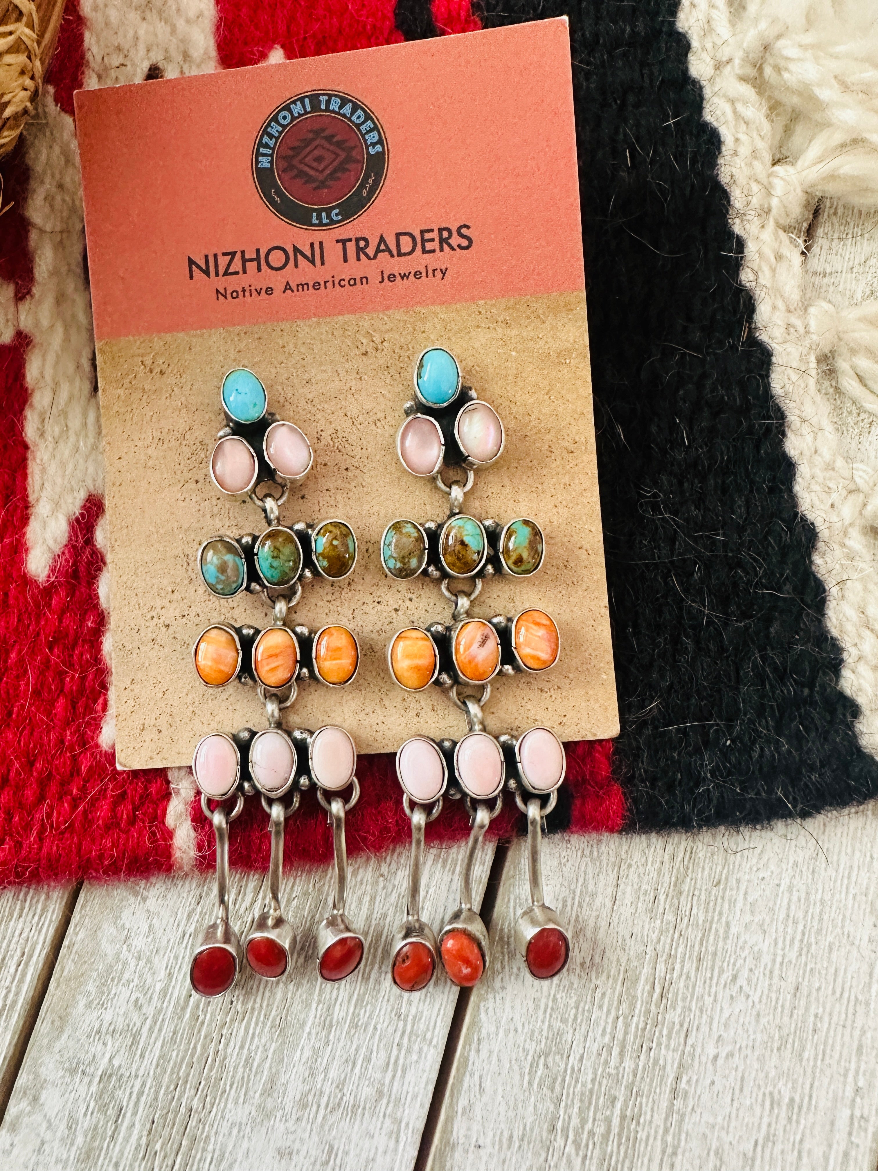 Navajo Multi Stone & Sterling Silver Chandelier Dangle Earrings by Marcella James