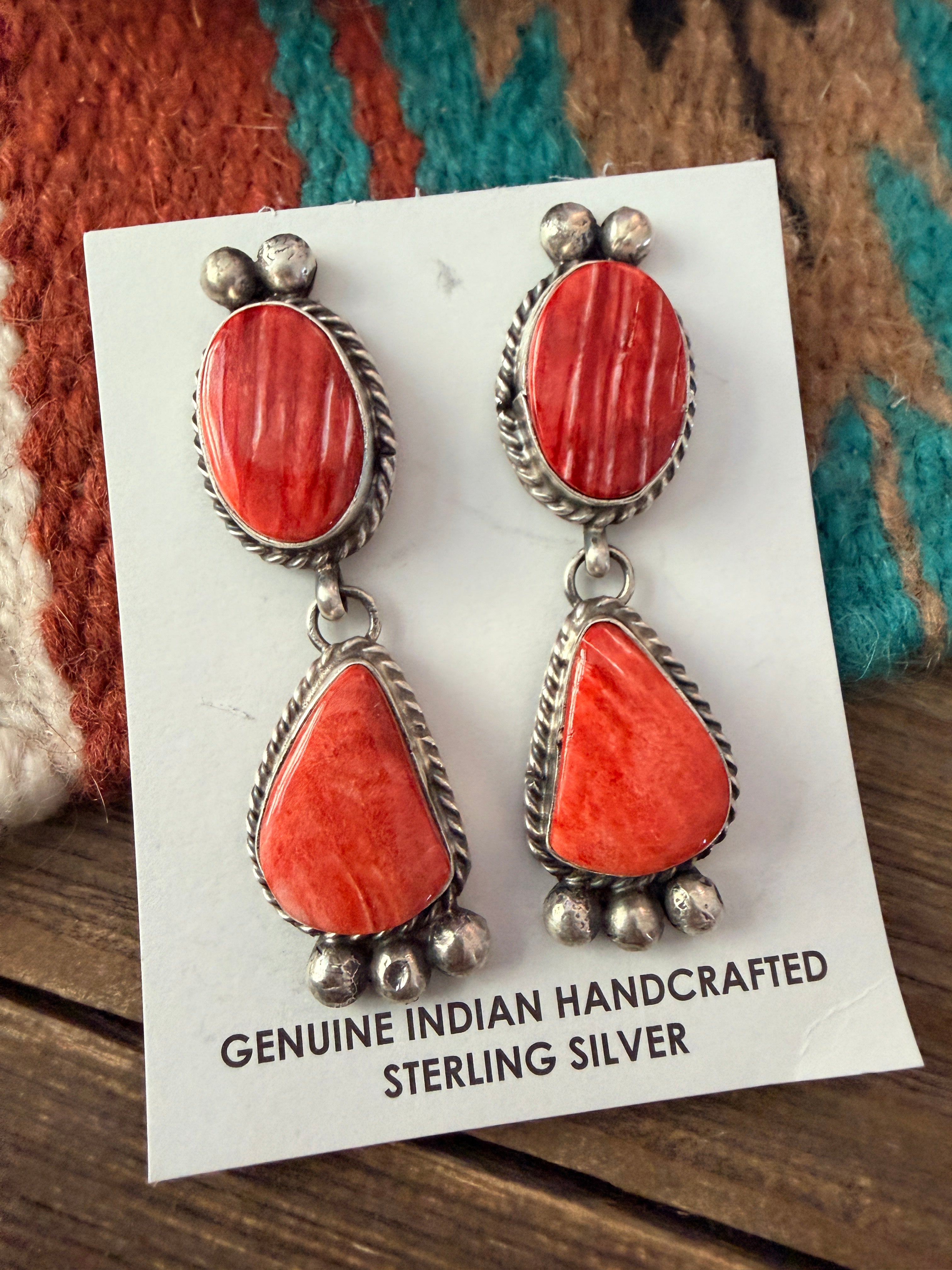 Handcrafted Red Spiny and Sterling Silver Dangle Earrings by Vicky Hicks