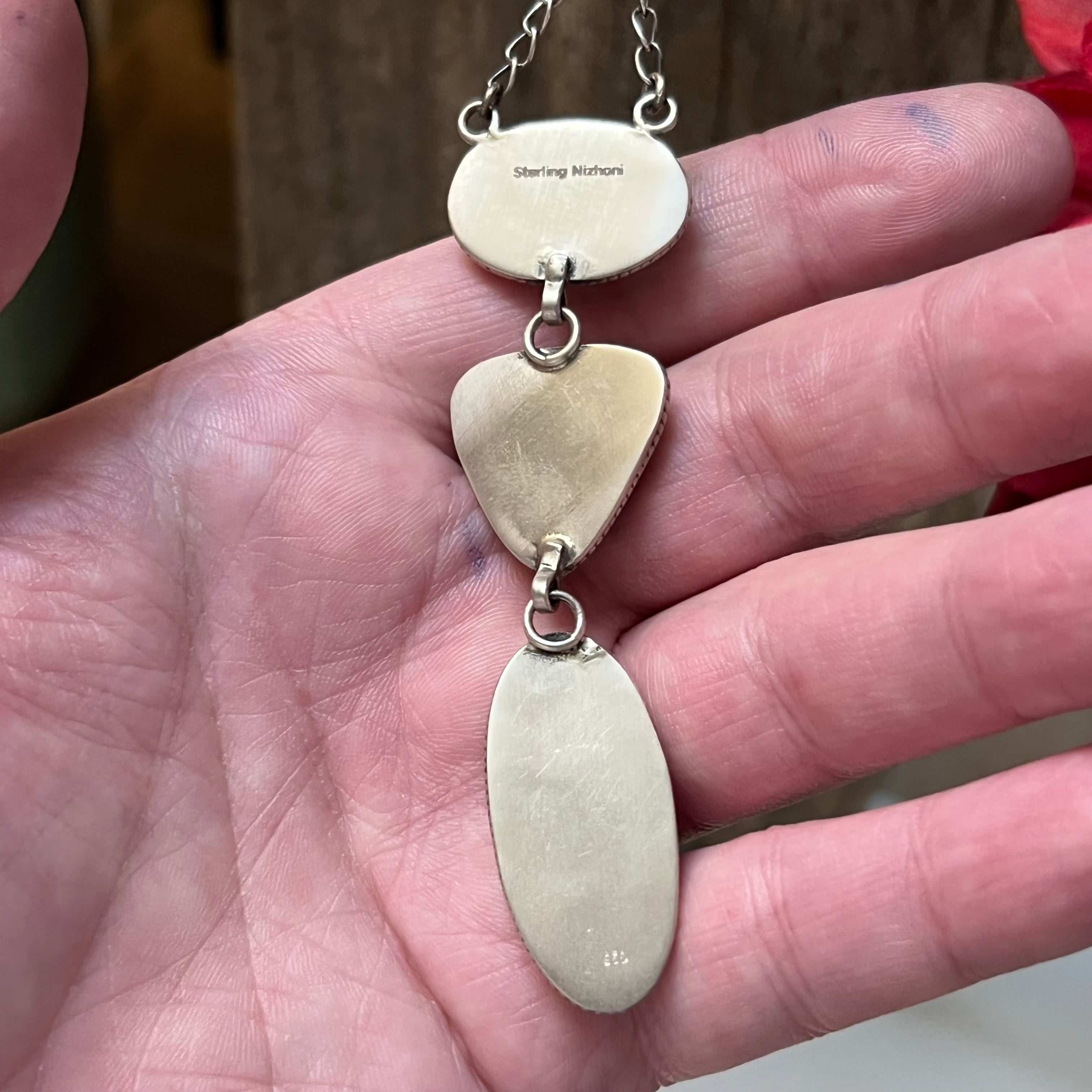 Handmade 3 Stone Turquoise & Sterling Silver Drop Necklace (09)