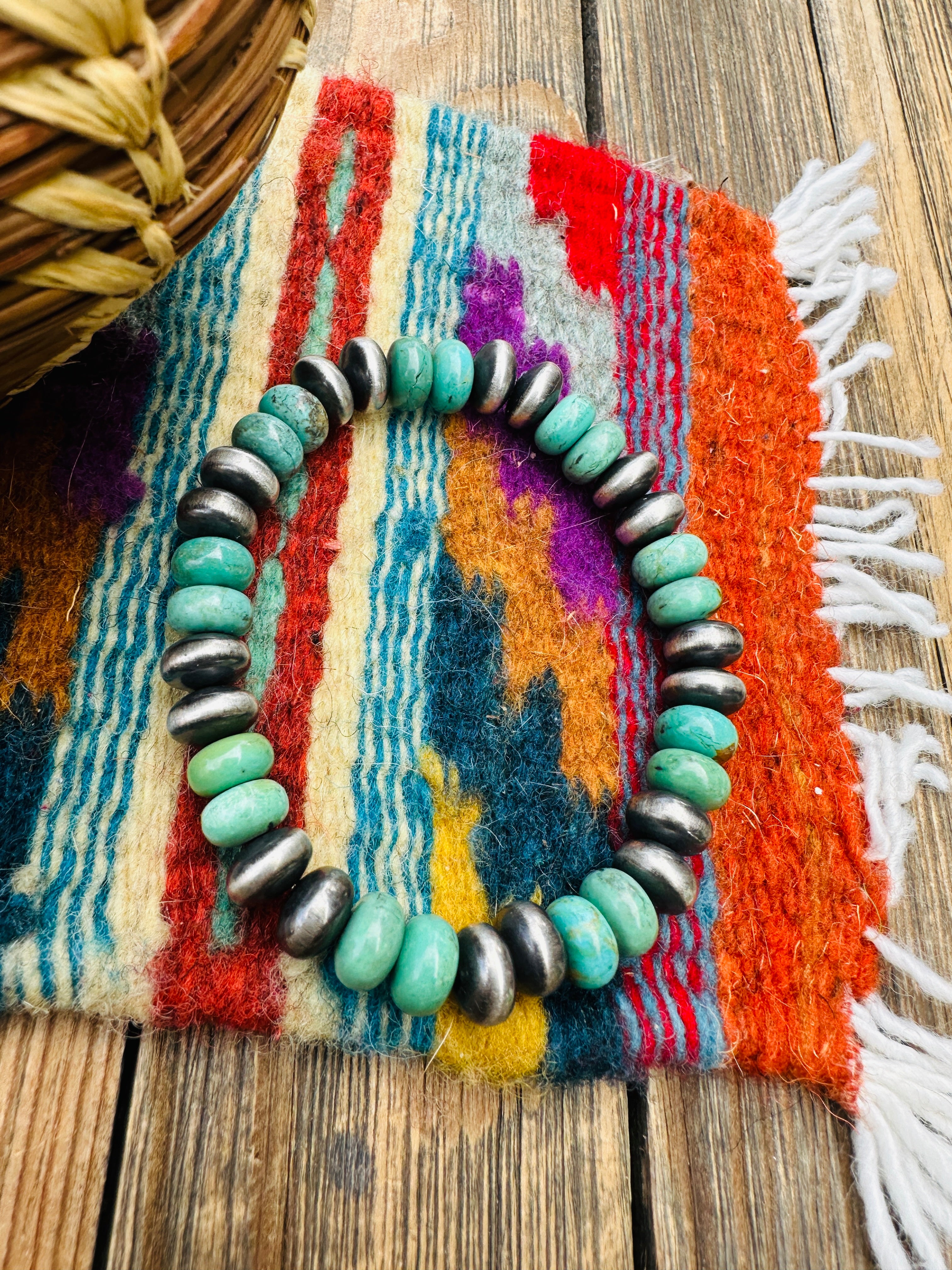 Handcrafted Turquoise & Sterling Silver Saucer Bead Stretch Bracelet