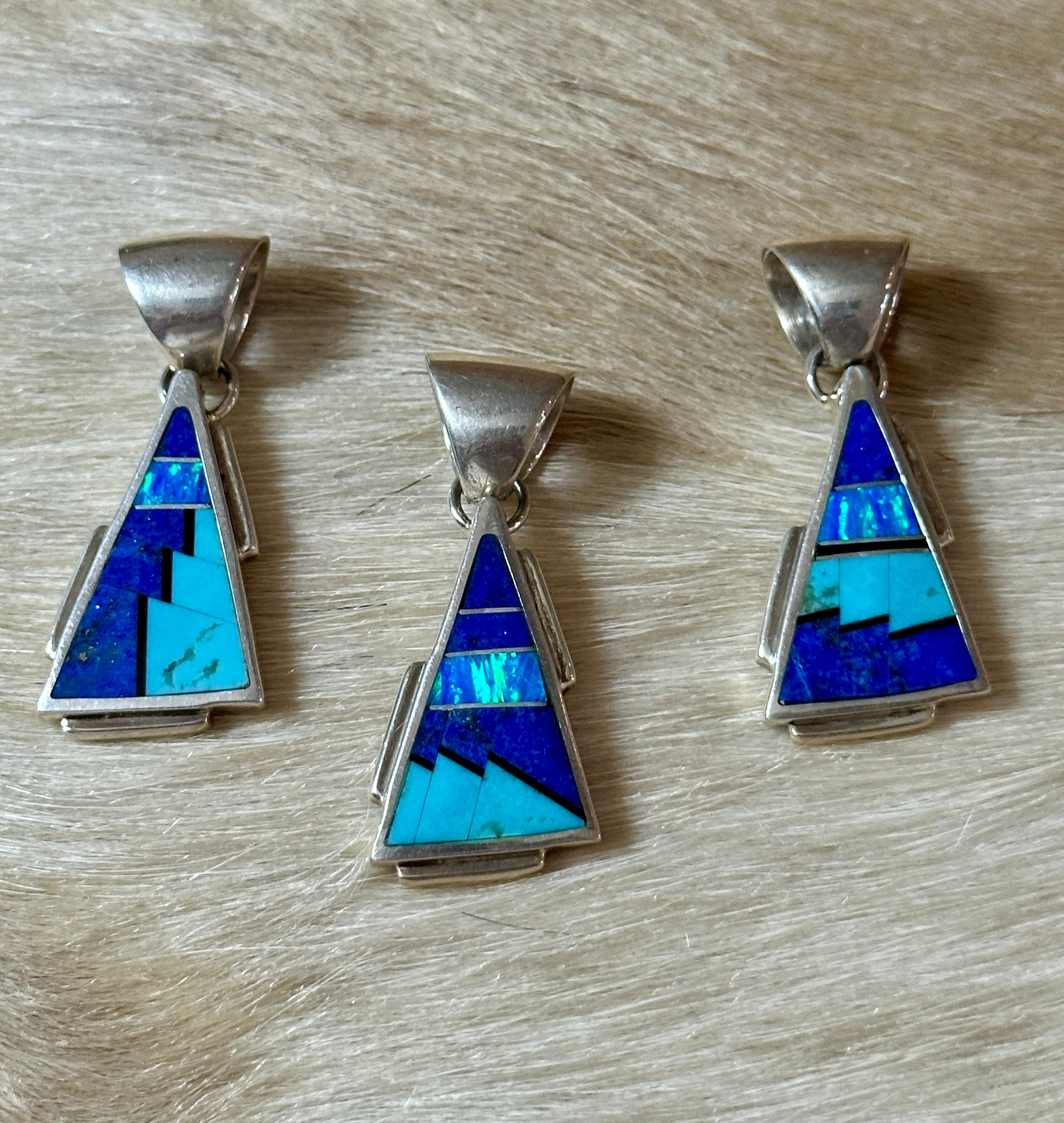 Handcrafted Lapis, Turquoise, Blue Opal Triangle Pendant 1.5”