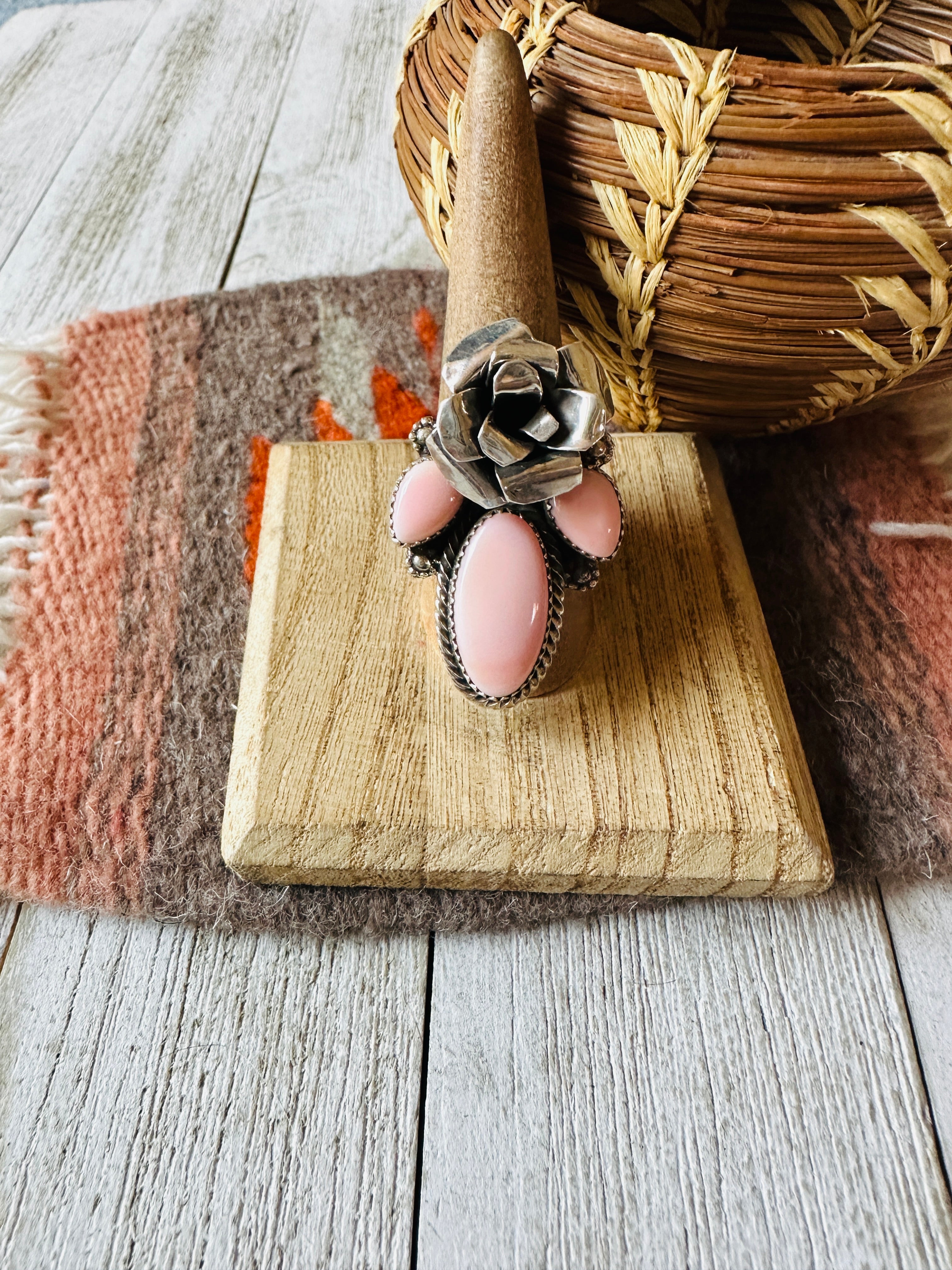 Handcrafted Sterling Silver & Queen Pink Conch Rose Adjustable Ring