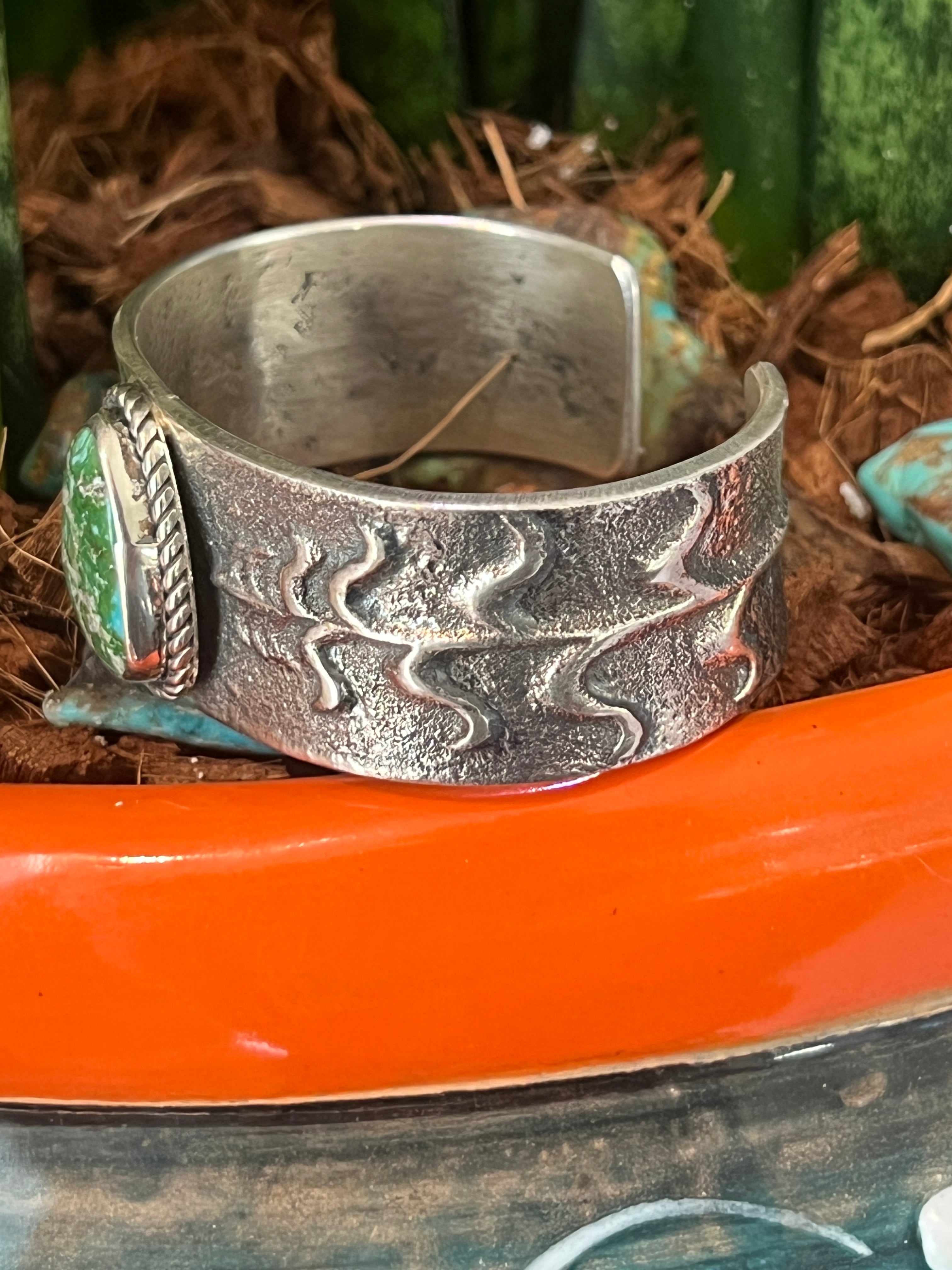 Handcrafted Sterling Silver Tufa Cast Corn Stalk Cuff with Sonoran Gold Turquoise by Gary Custer