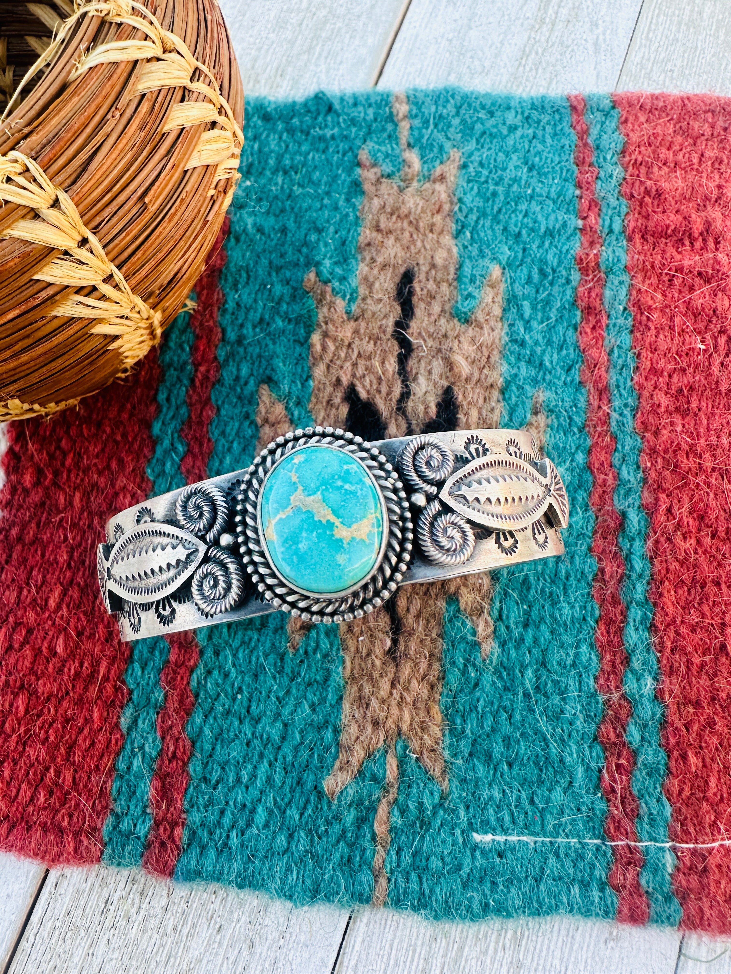 Handcrafted Old Pawn Sterling Silver & Turquoise Cuff Bracelet by M&R Calladitto