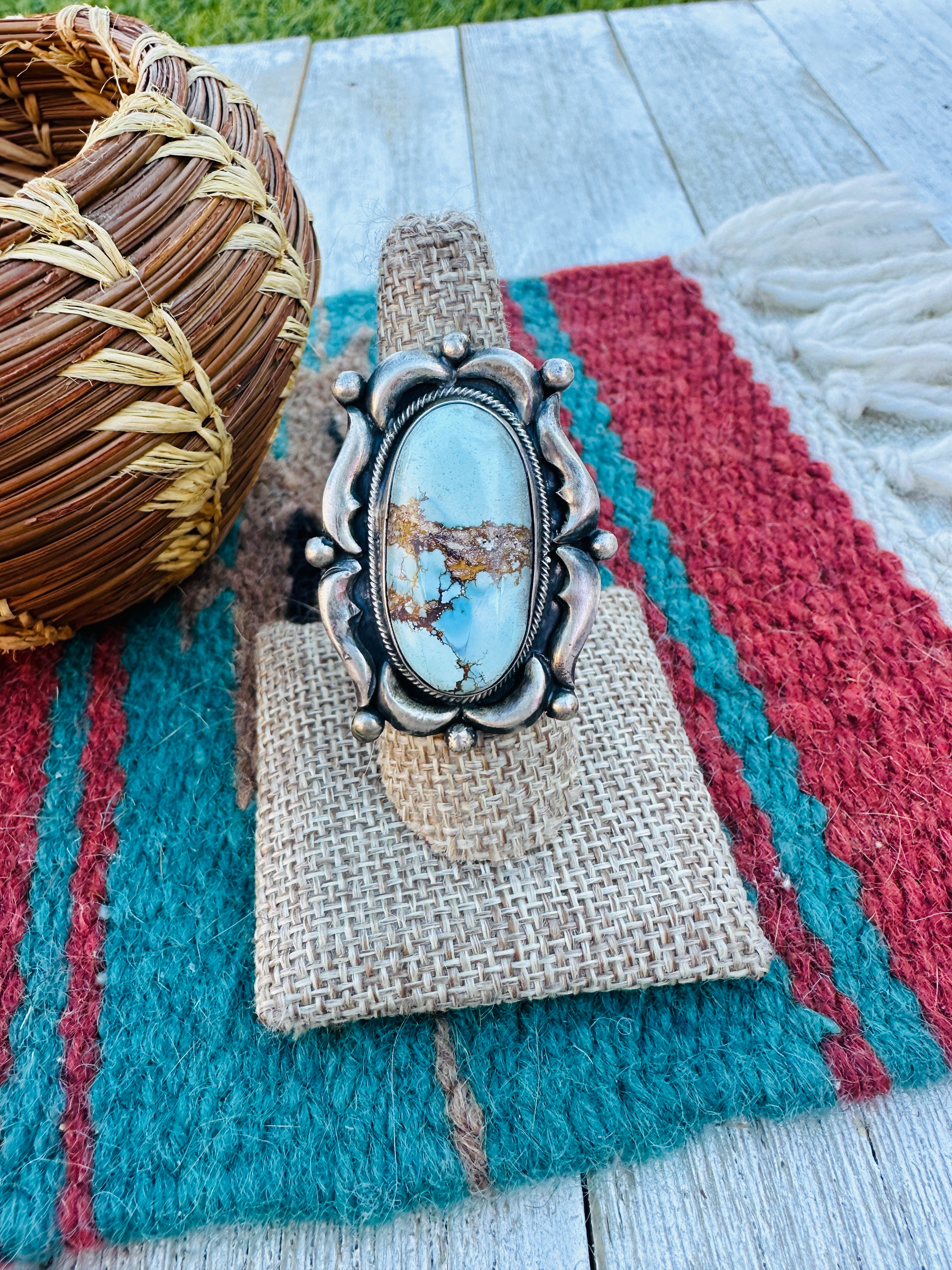 Handcrafted Golden Hills Turquoise & Sterling Silver Ring Size 7.5 by Bobby Johnson