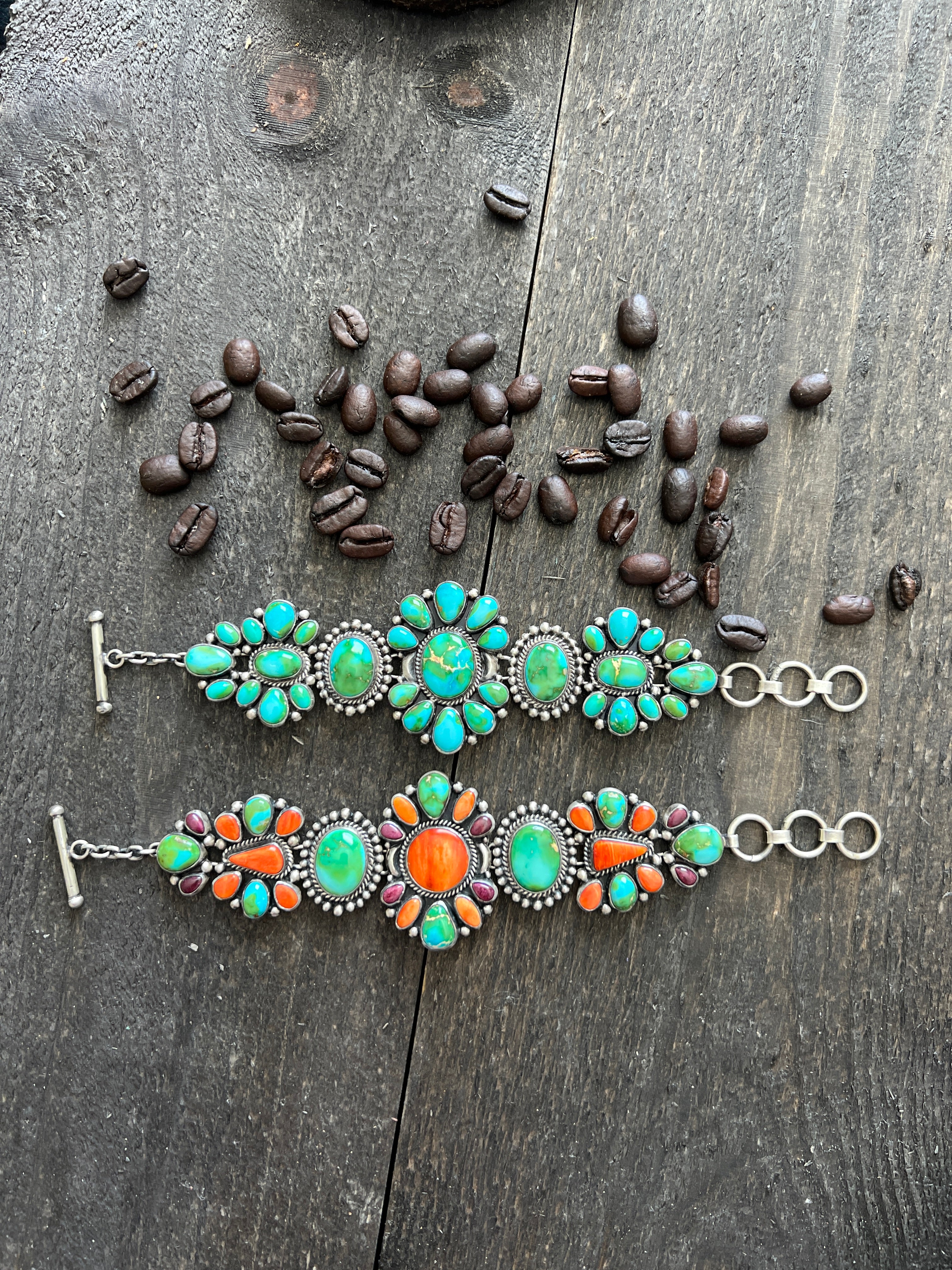 Stunning Sterling Silver, Sonoran Mountain Turquoise and Spiny Oyster Shell Cluster Link Bracelets by Diane Wylie