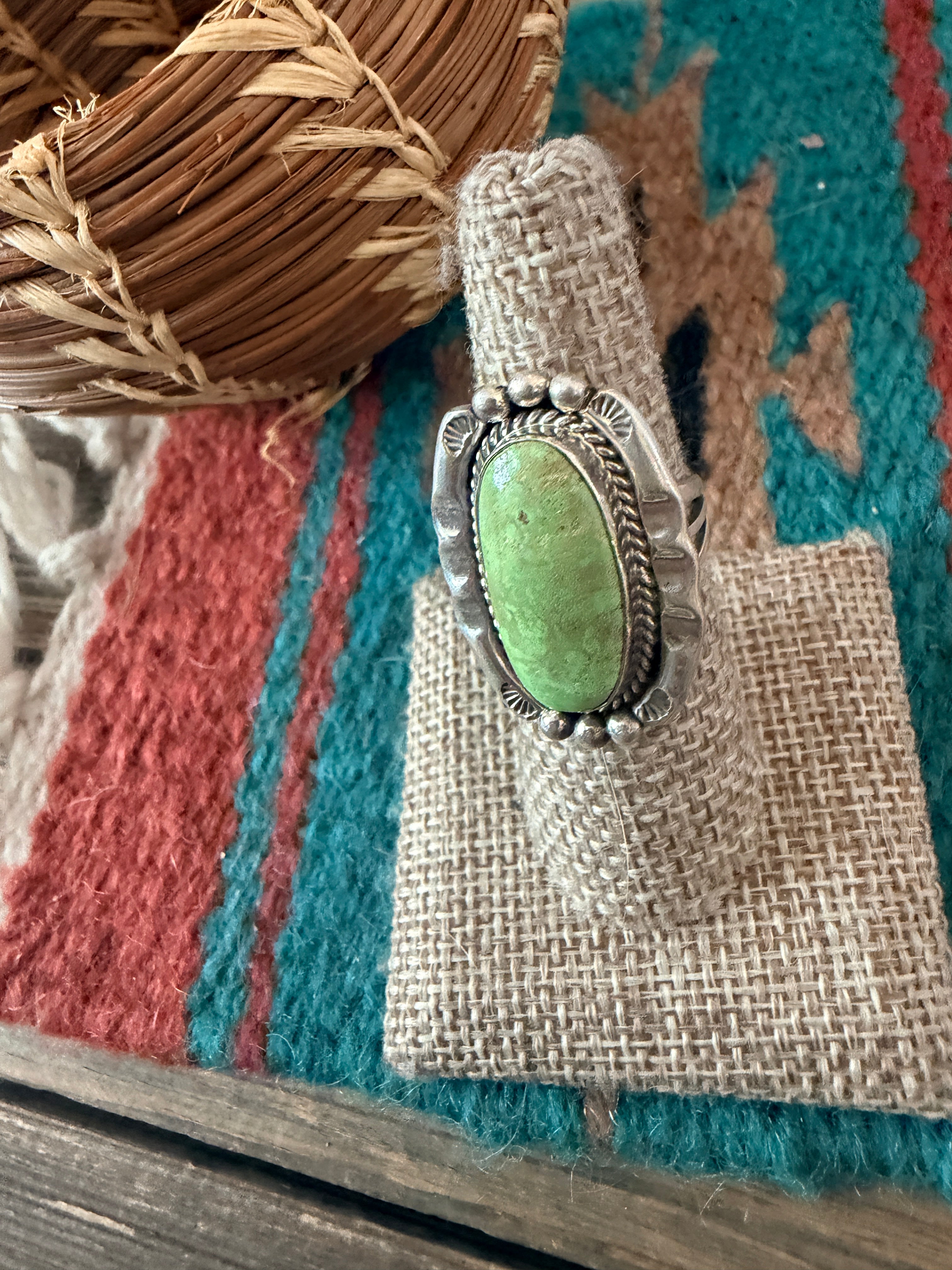 Handcrafted Green Turquoise & Sterling Silver Ring Size 6.75