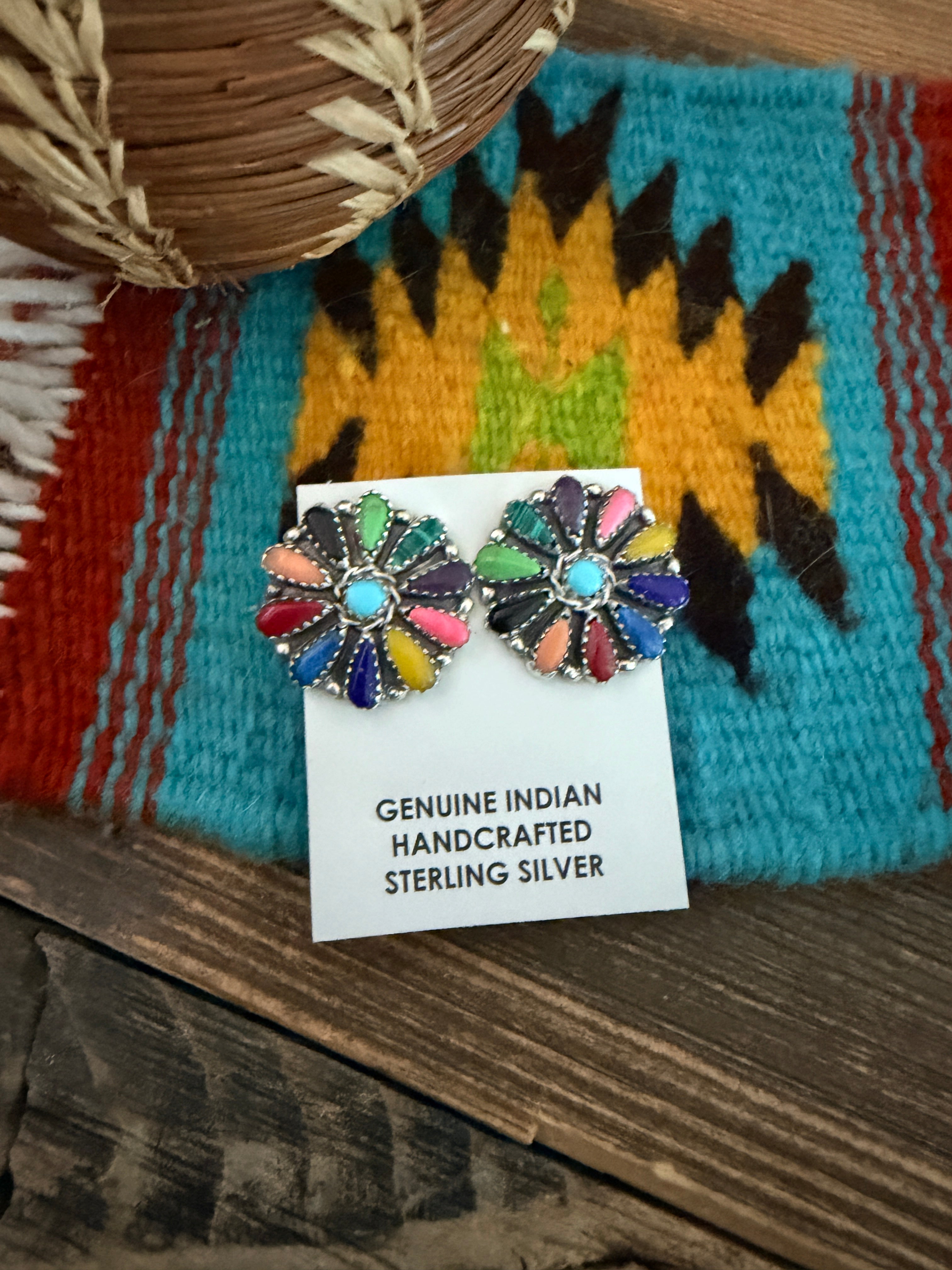 Handcrafted Multi Stone & Sterling Silver Cluster Post Earrings