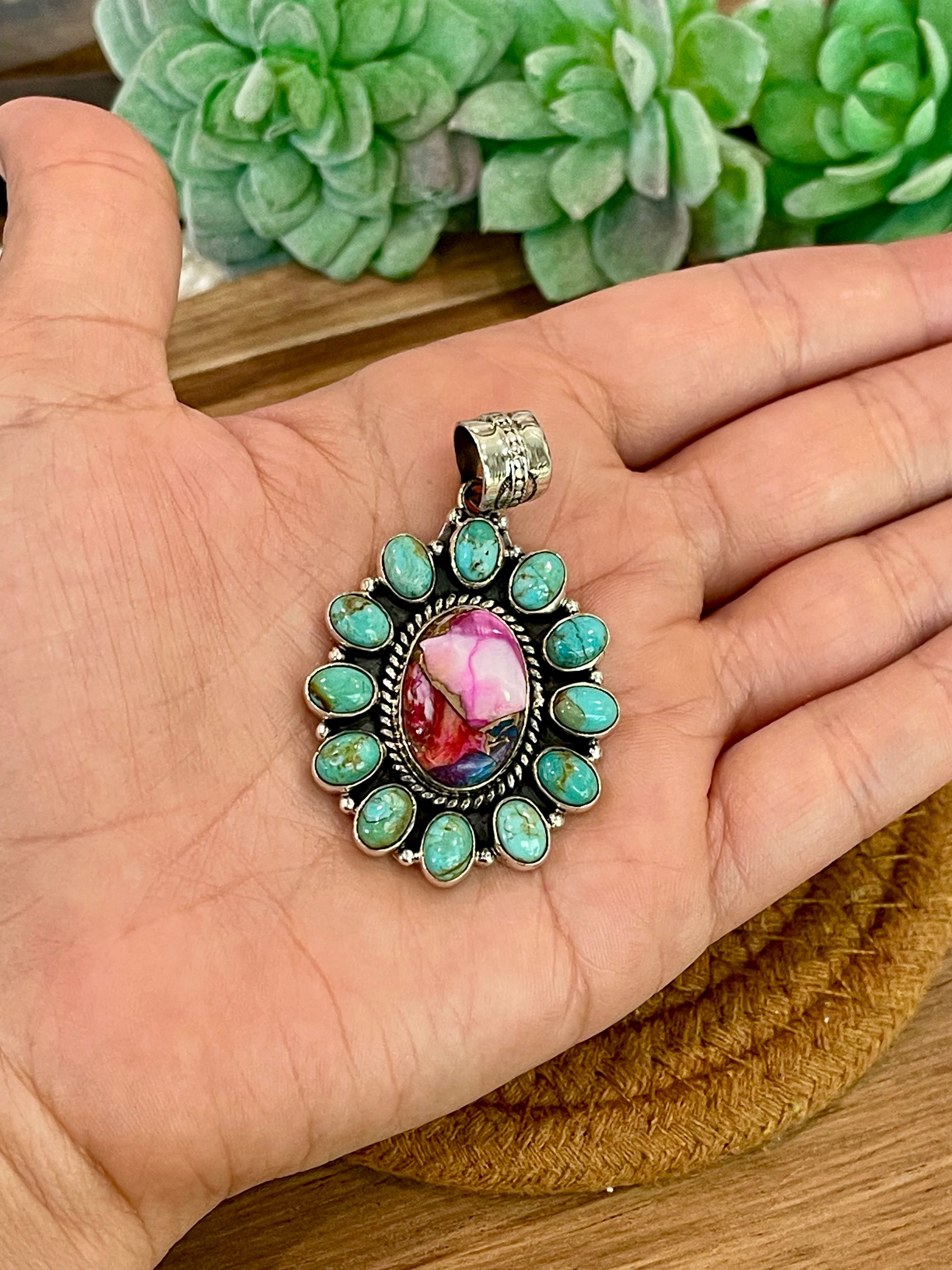 Handmade Sterling Silver,Turquoise & Pink Dream Mojave Cluster Pendant