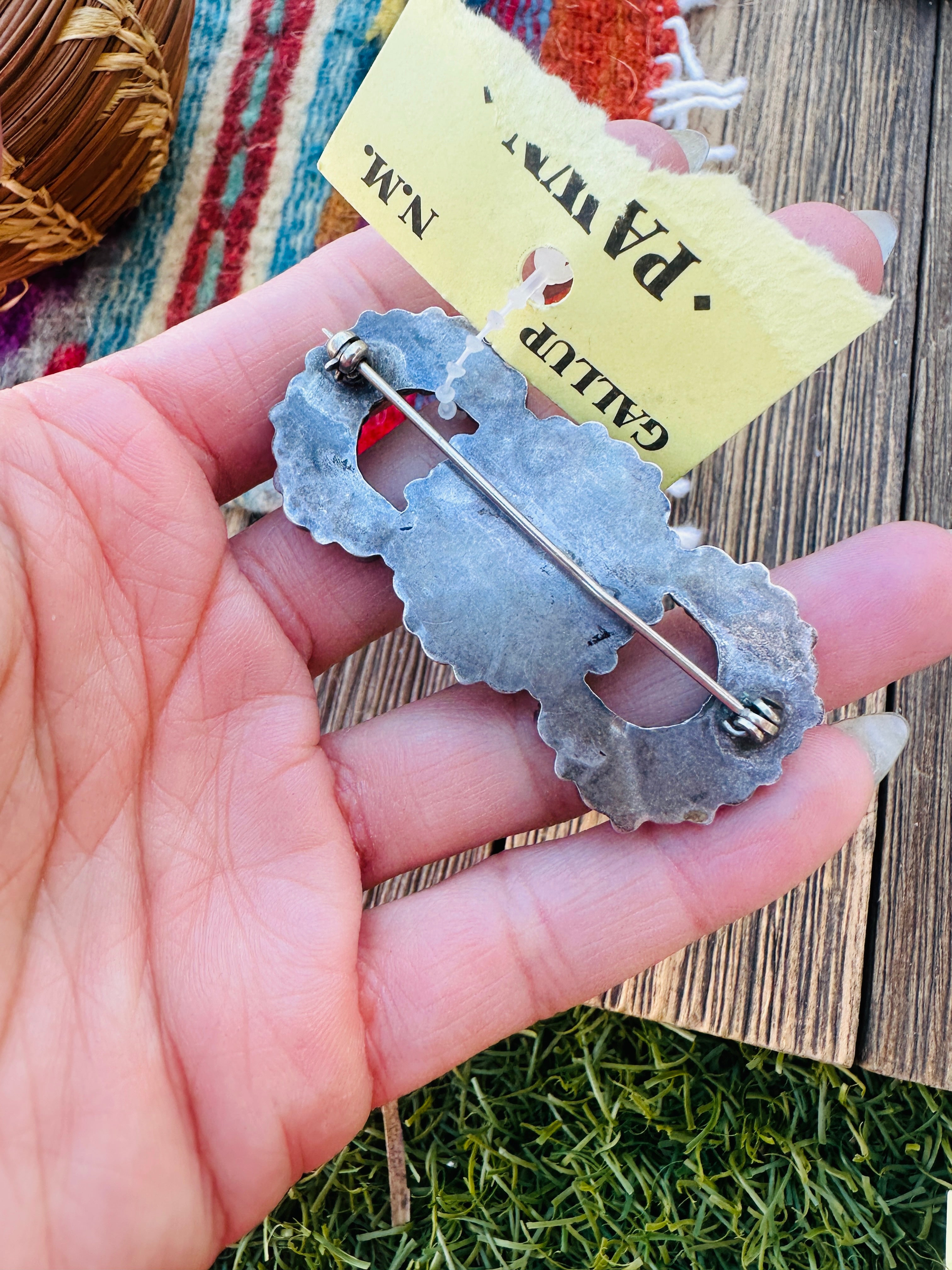 Old Pawn Handcrafted Turquoise and Sterling Silver Cluster Brooch