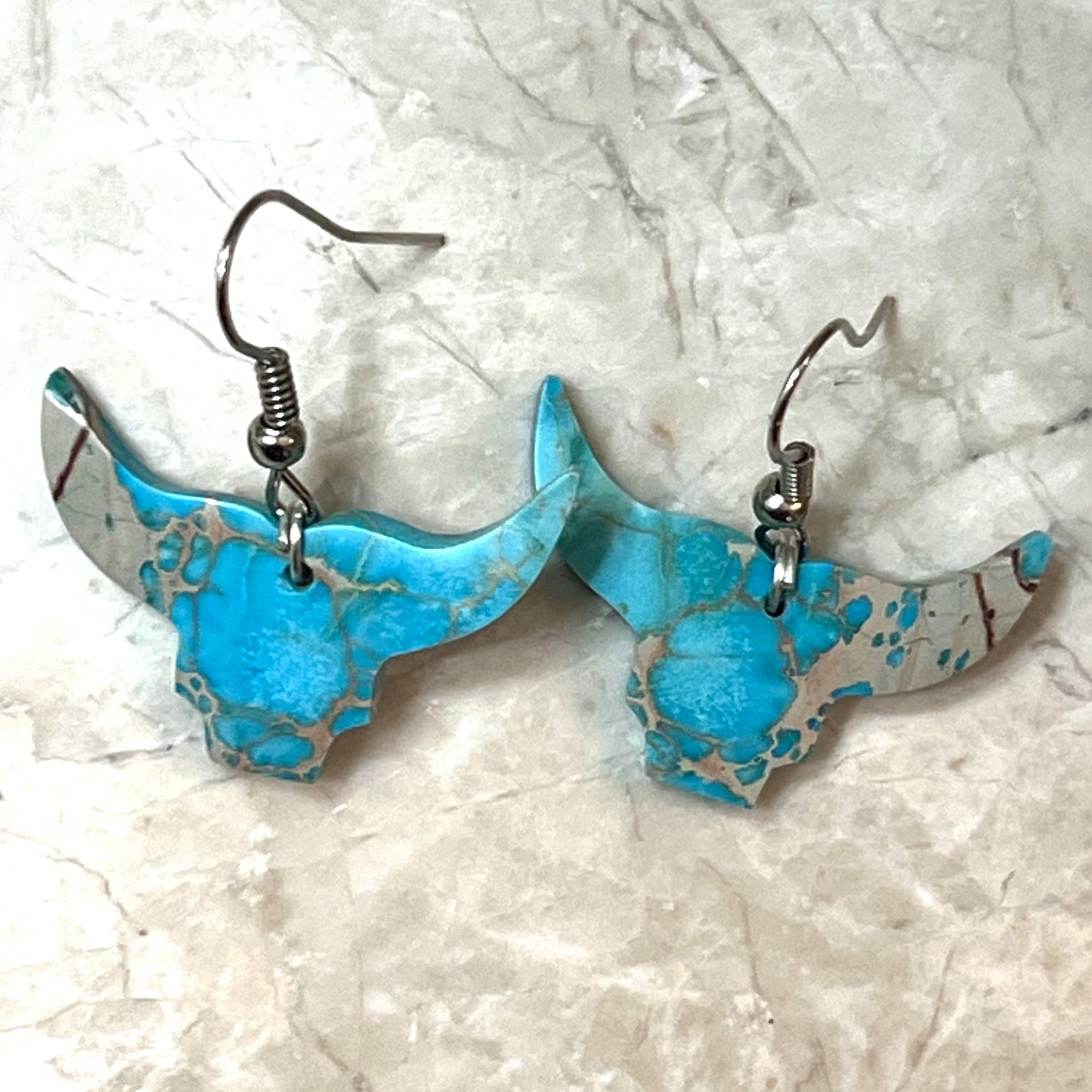 Handcrafted Turquoise Bull Head Sterling Silver Slab Earrings