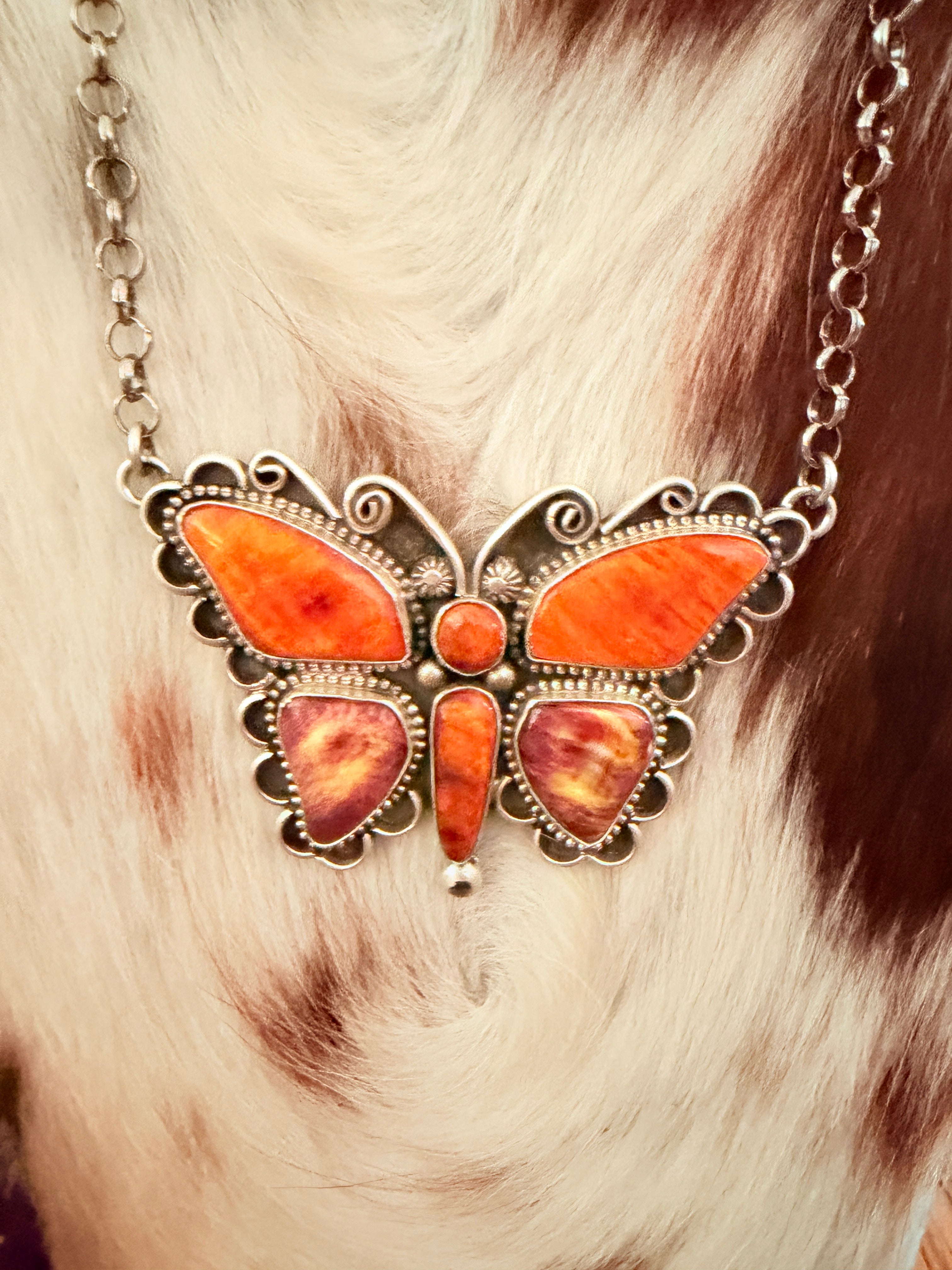 Handcrafted Spiny Oyster & Sterling Silver Butterfly Necklace by Charles Johnson