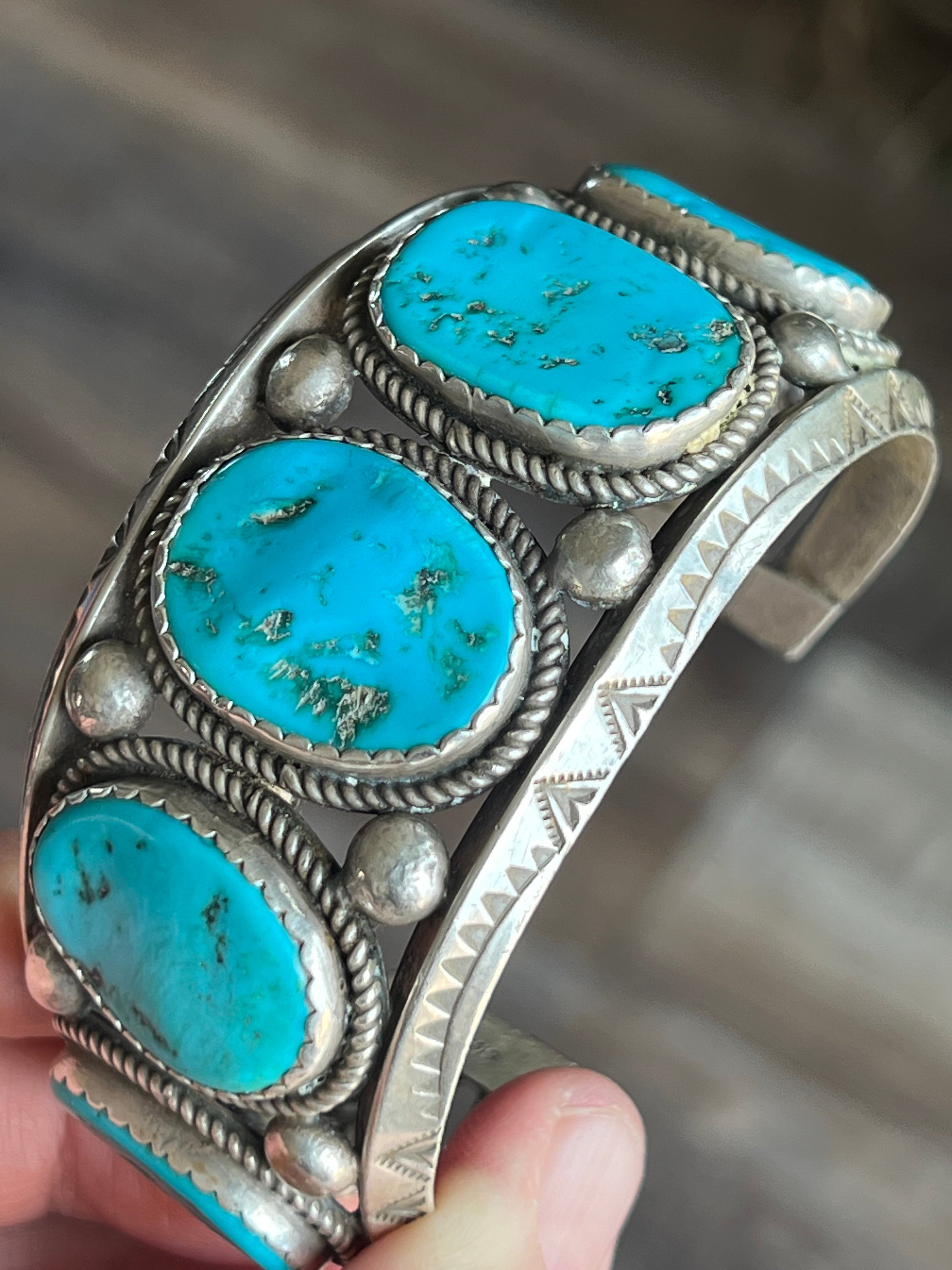 Handcrafted Old Pawn Sterling Silver and Natural Sleeping Beauty Turquoise Cuff Bracelet, Signed /
