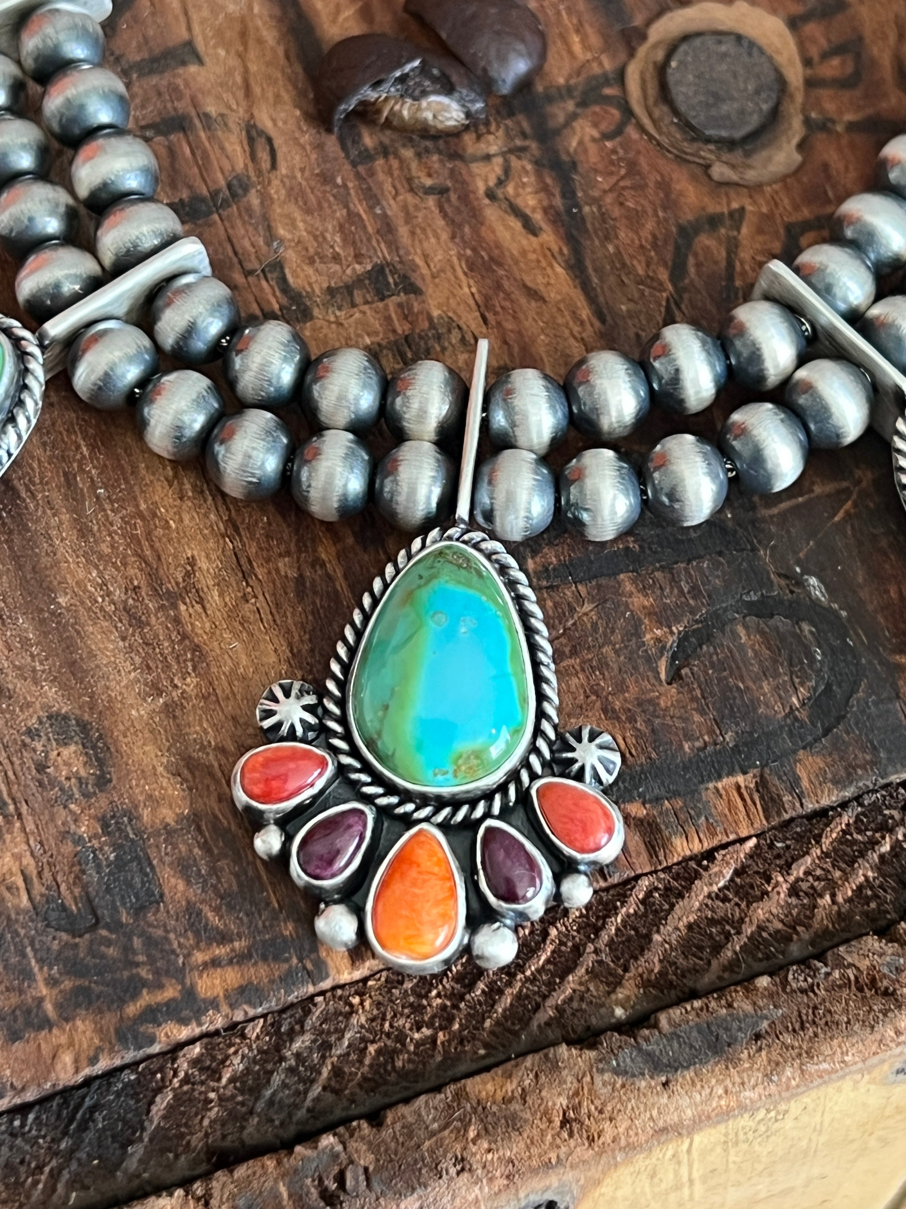 Handcrafted Sterling Silver Electric Rainbow Beaded Cluster Necklace & Earrings Set by Angela Martin