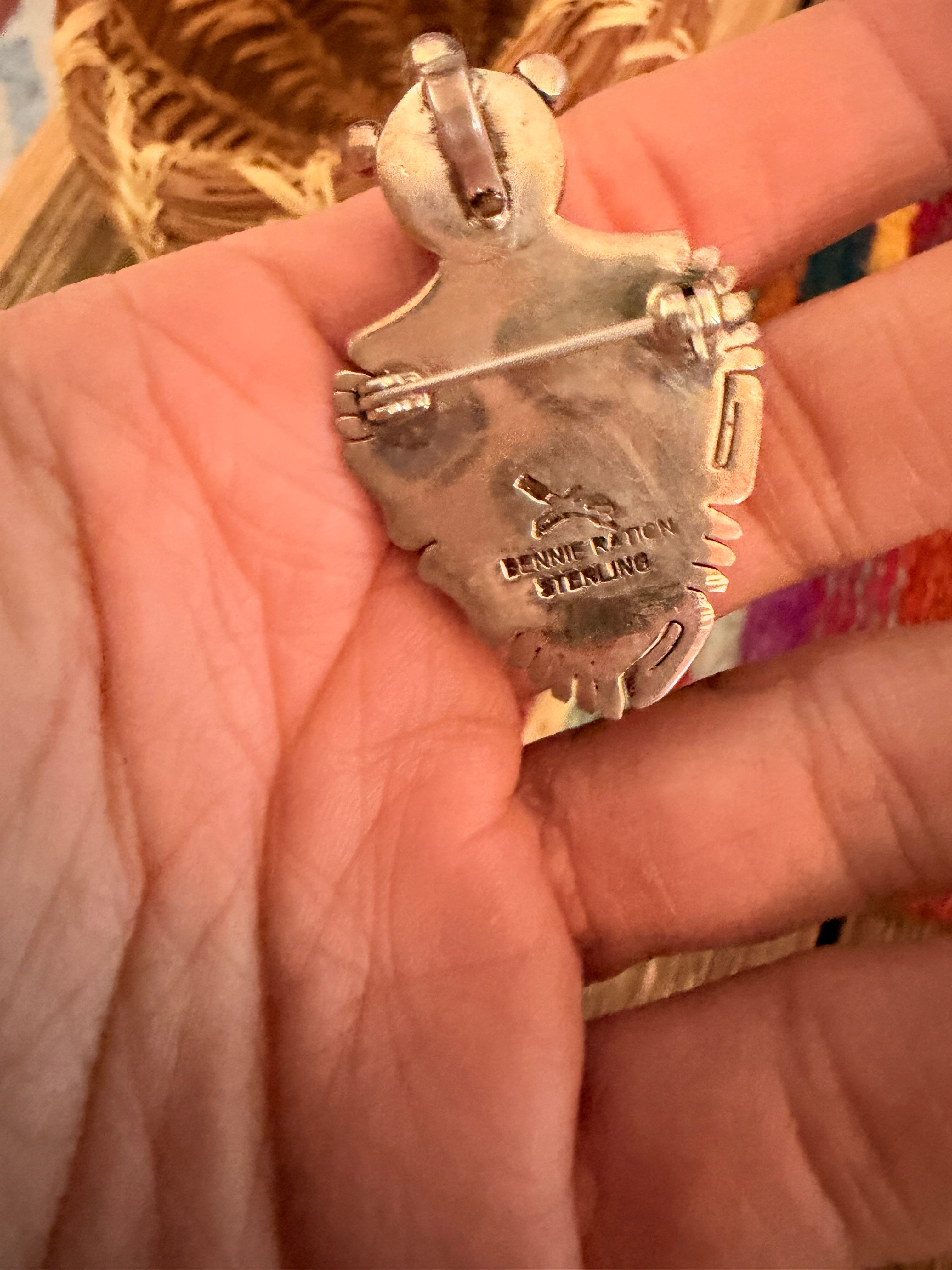 Old Pawn Handcrafted Turquoise and Sterling Silver Yei Symbol Brooch/ Pendant by Bennie Ration