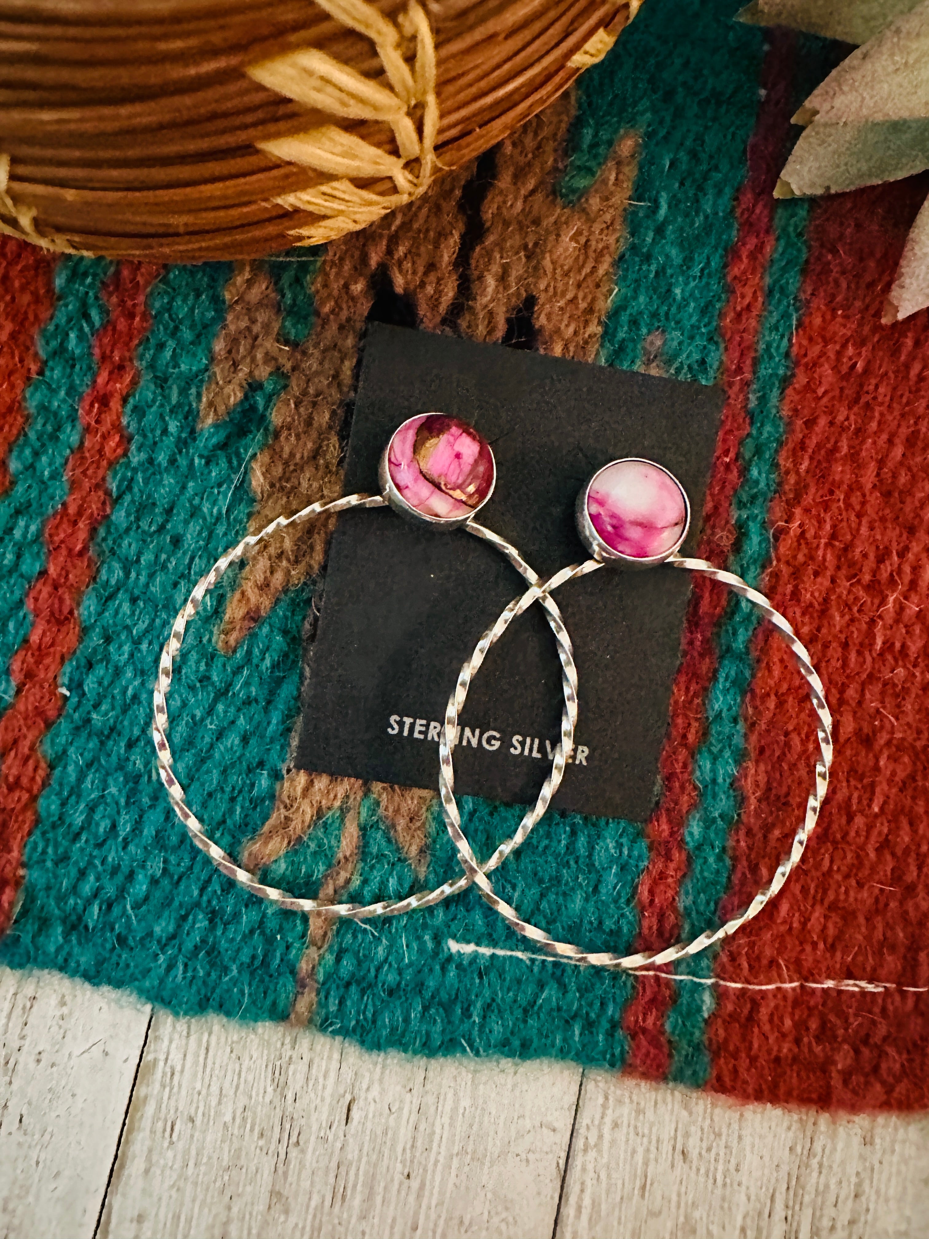 Handcrafted Pink Mojave & Sterling Silver Dangle Hoop Earrings