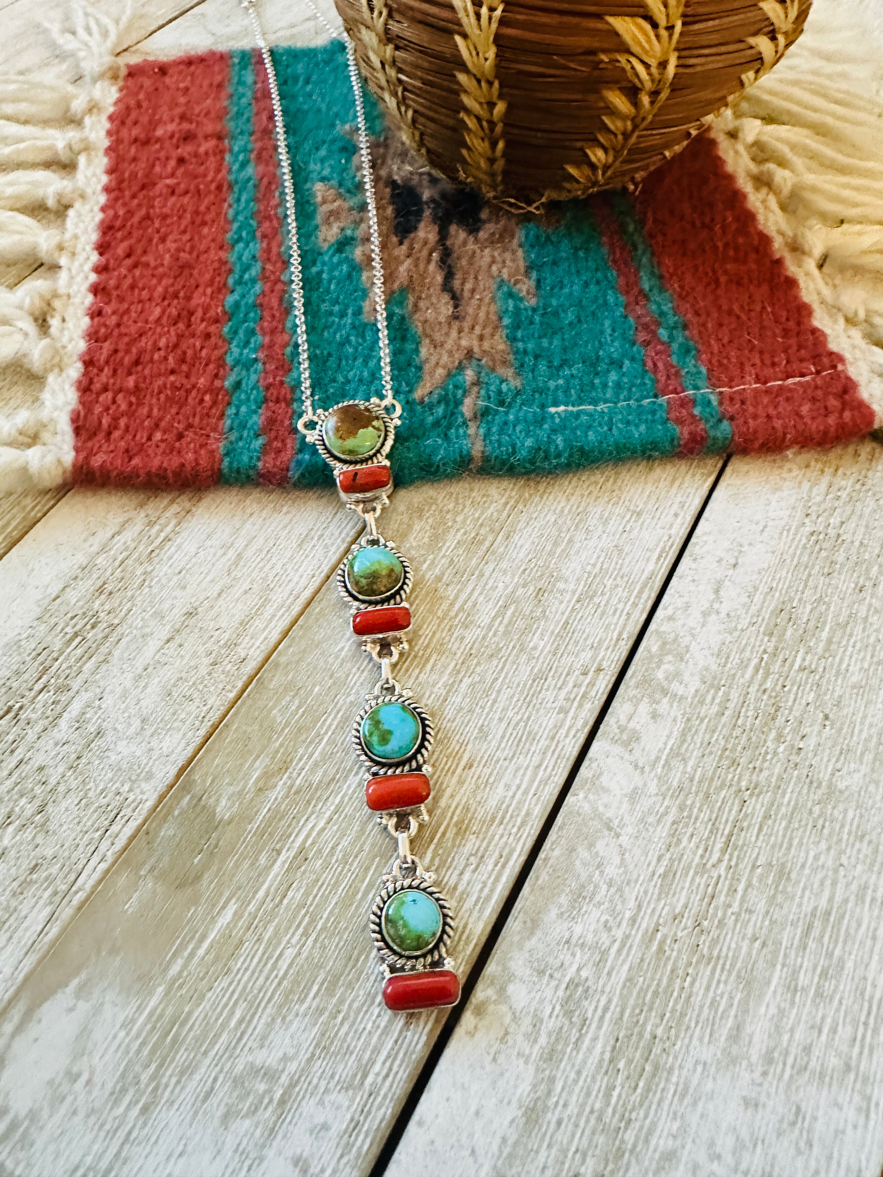 ** Christmas Collection ** Handmade Sterling Silver, Turquoise & Coral Necklace Signed Nizhoni