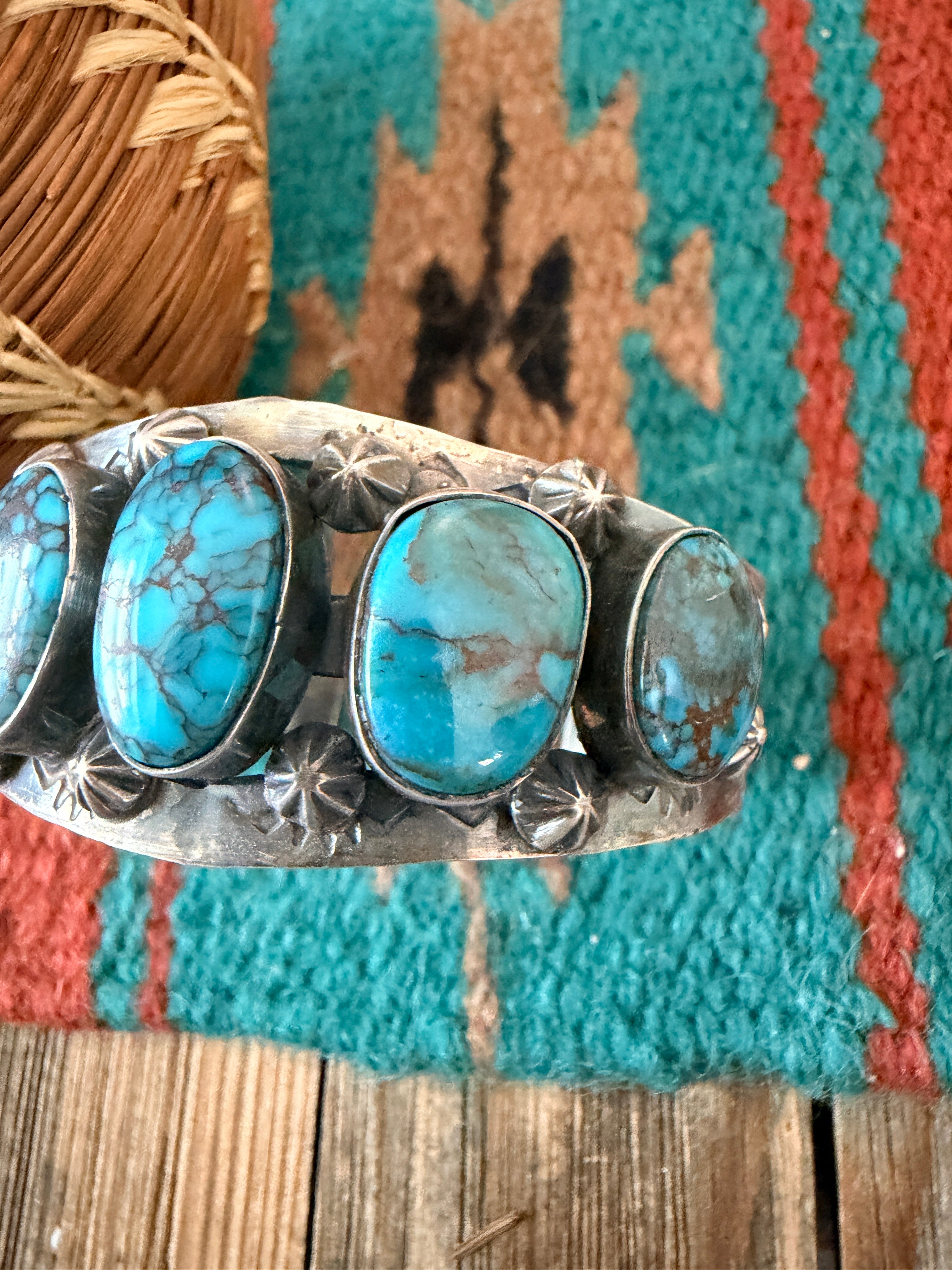 Handcrafted Old Pawn Sterling Silver & Blue Diamond Turquoise Cuff Bracelet