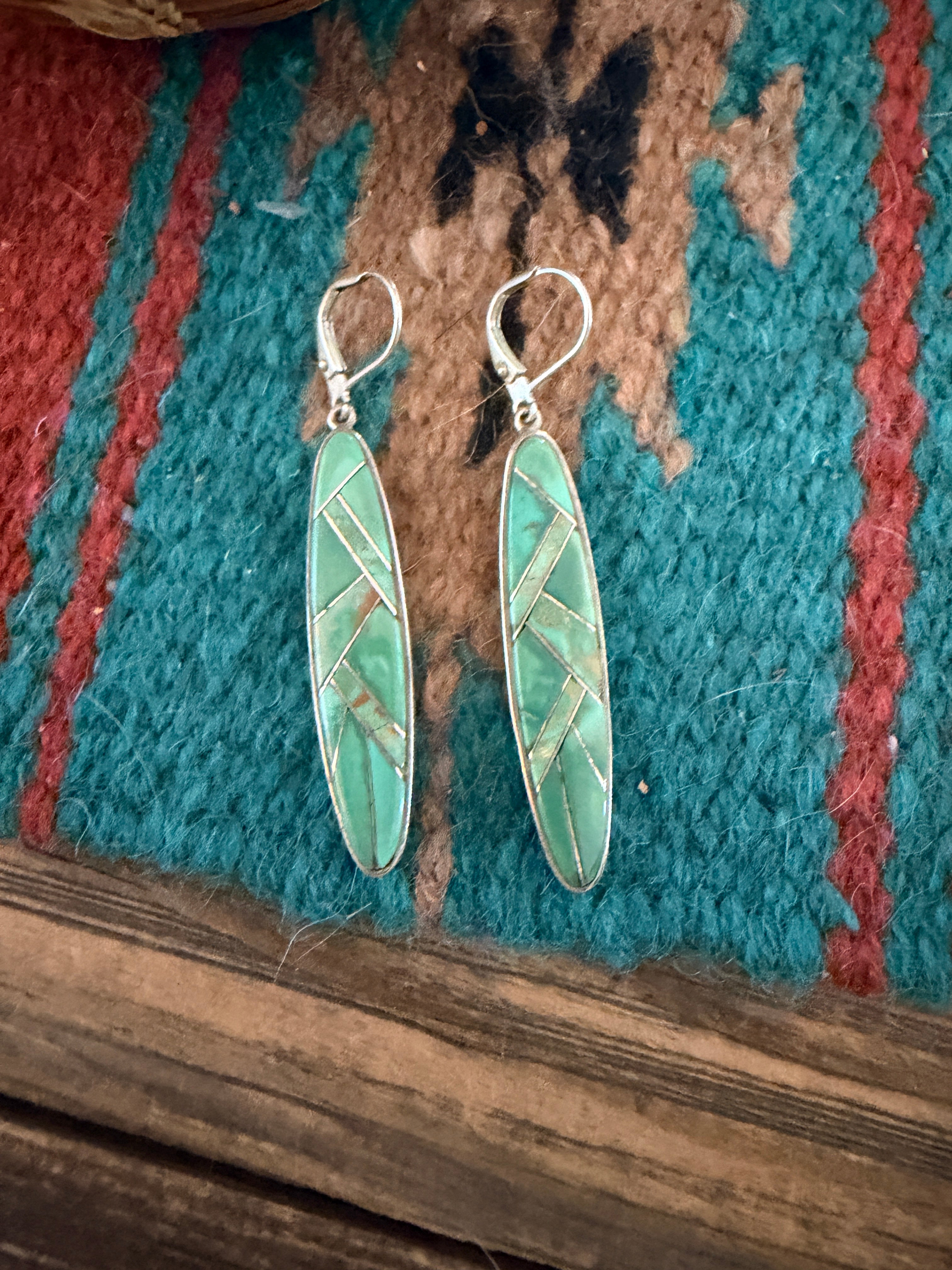 Old Pawn Handcrafted Sterling Silver & Turquoise Inlay Dangle Earrings