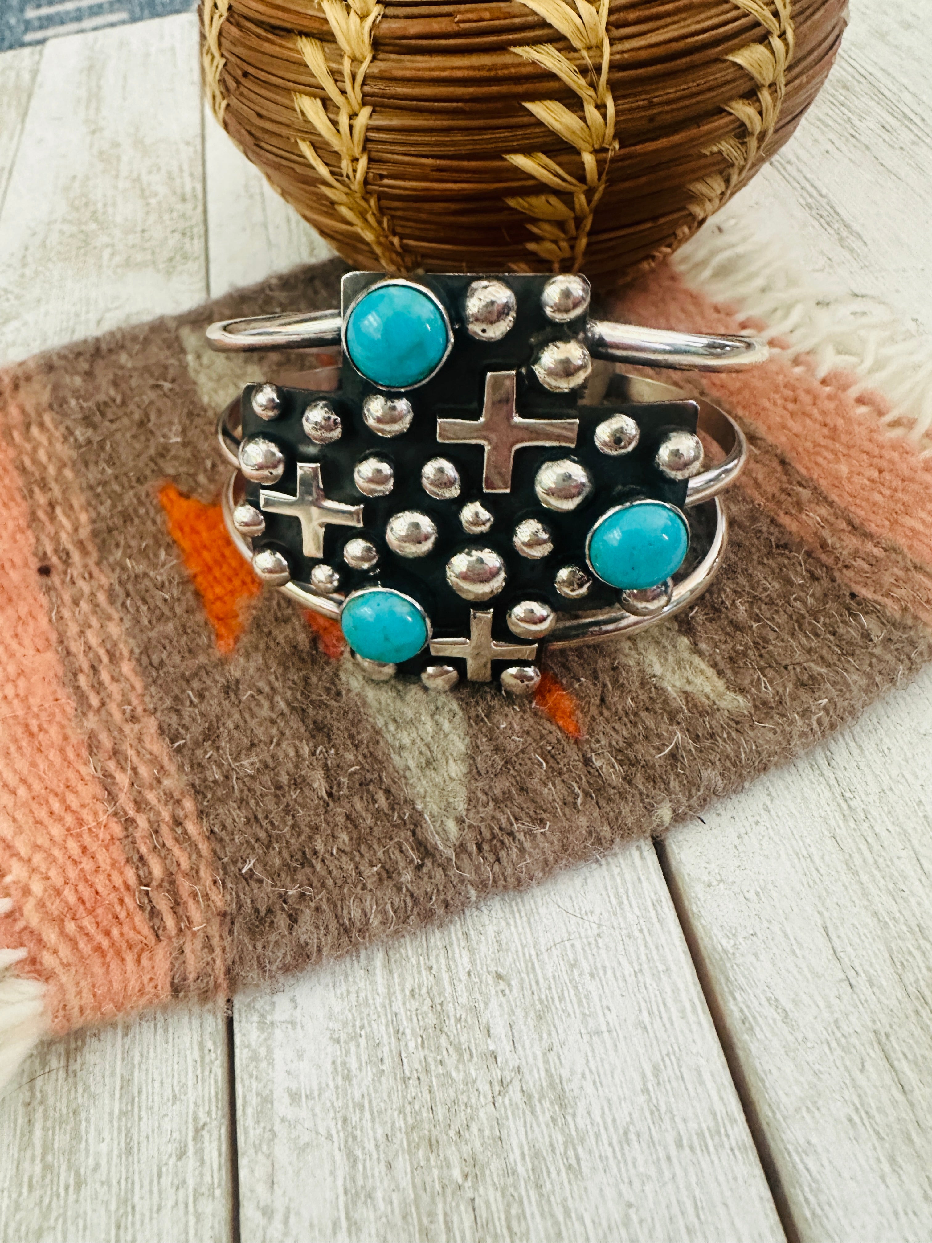 Navajo Turquoise & Sterling Silver Cross Cuff Bracelet By Chimney Butte /