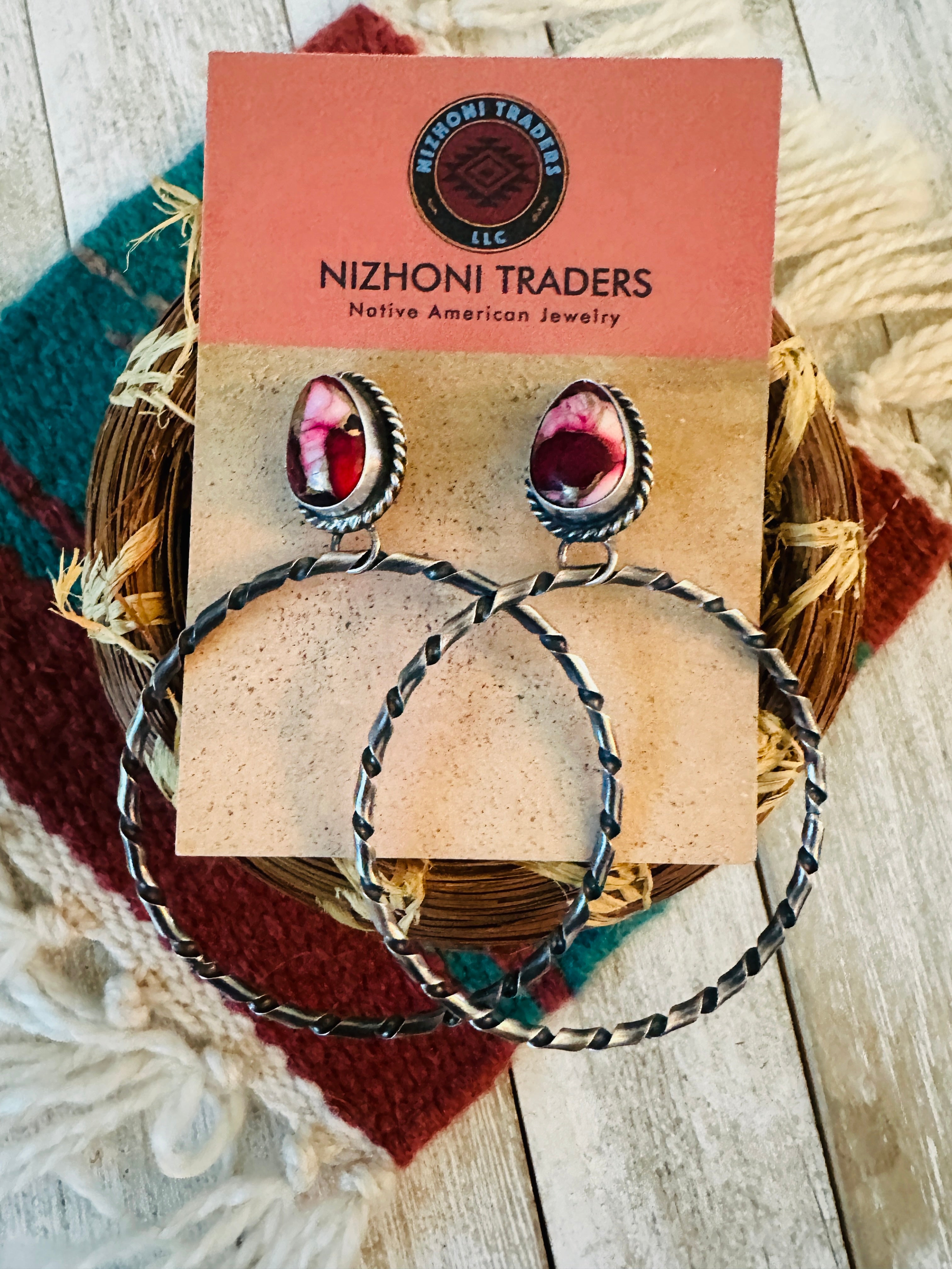 Navajo Rose Dahlia and Sterling Silver Dangle Hoop Earrings