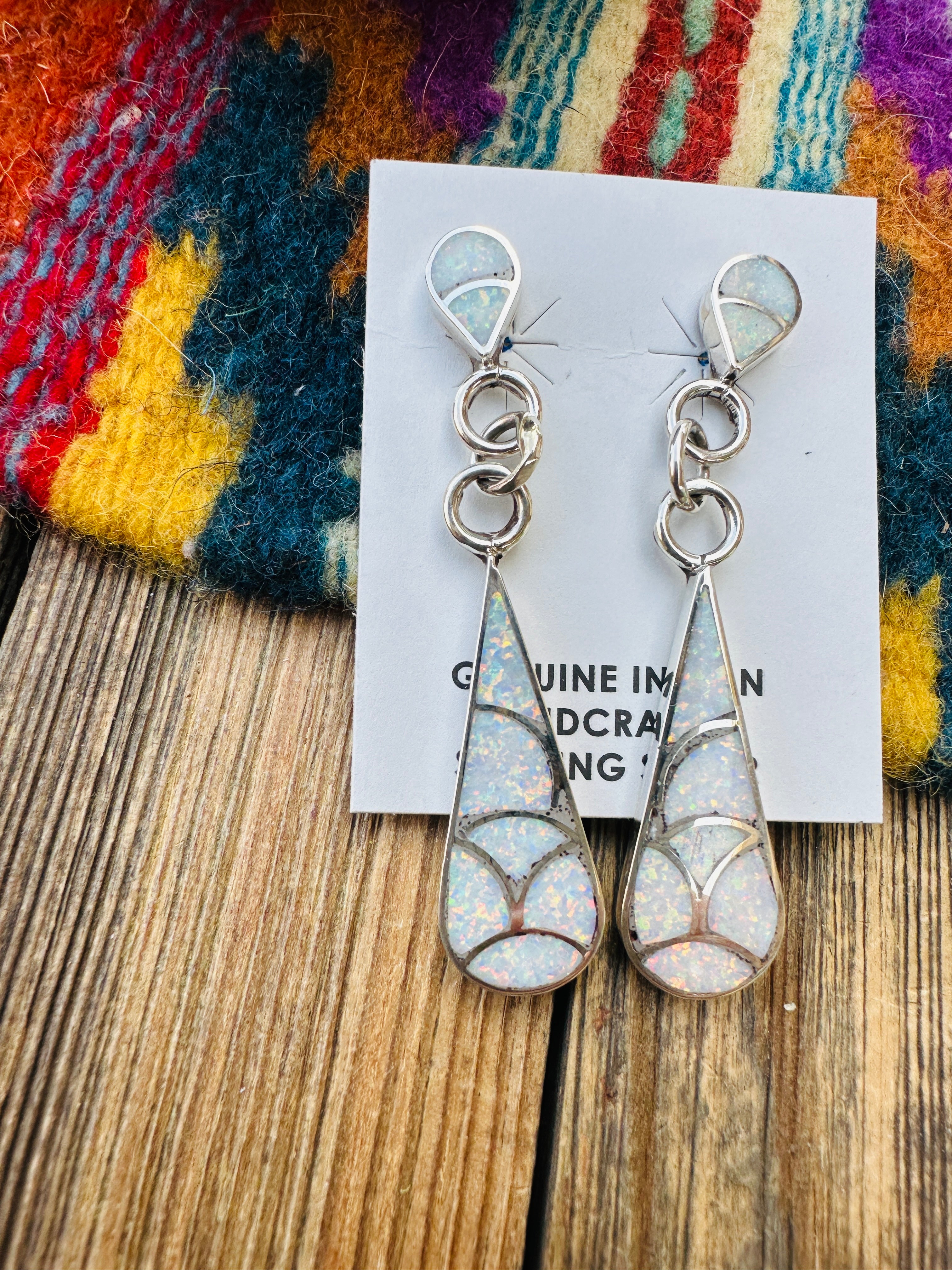 Handcrafted Opal & Sterling Silver Inlay Teardrop Dangle Earrings