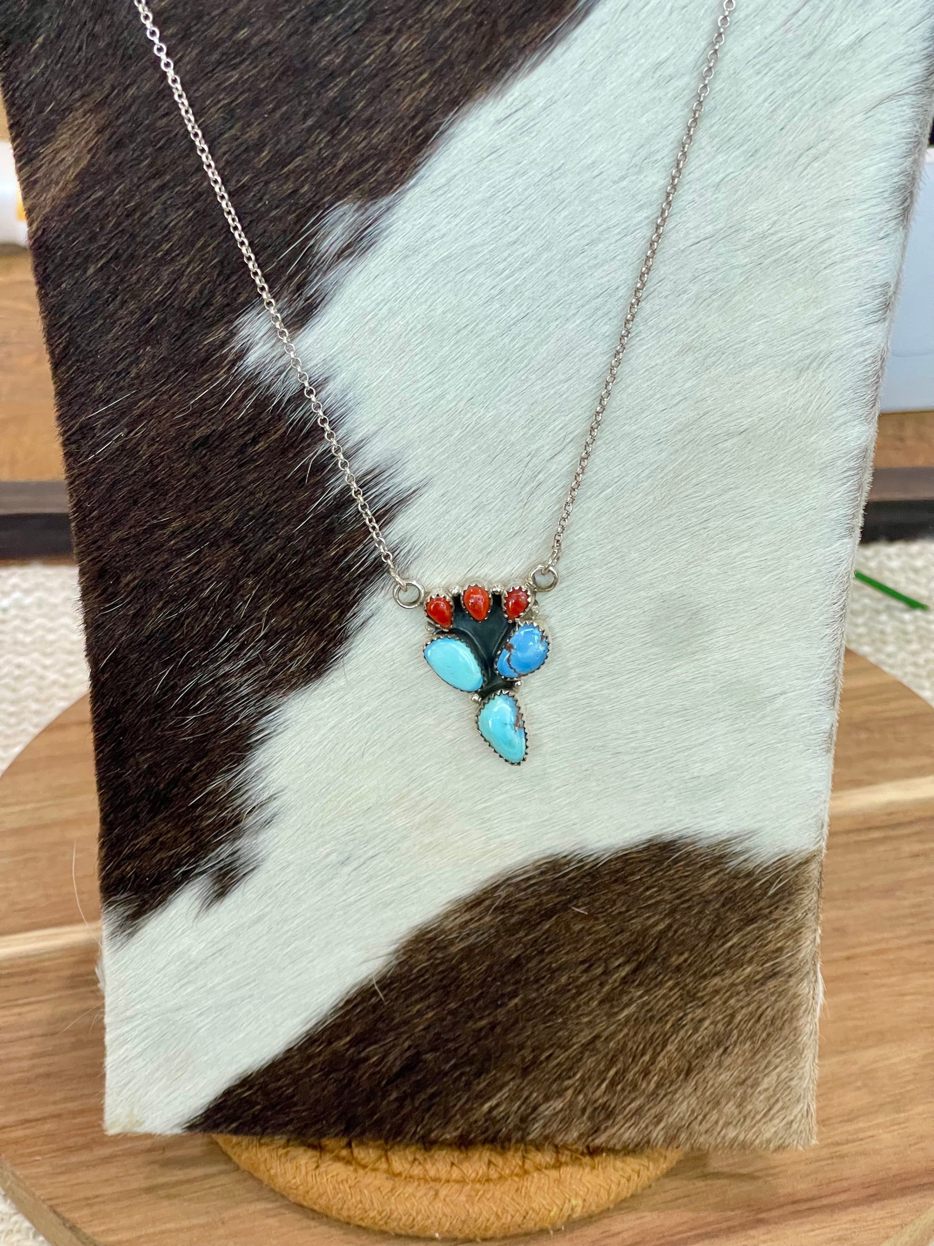 Handmade Sterling Silver, Golden Hills Turquoise & Coral Necklace Signed Nizhoni