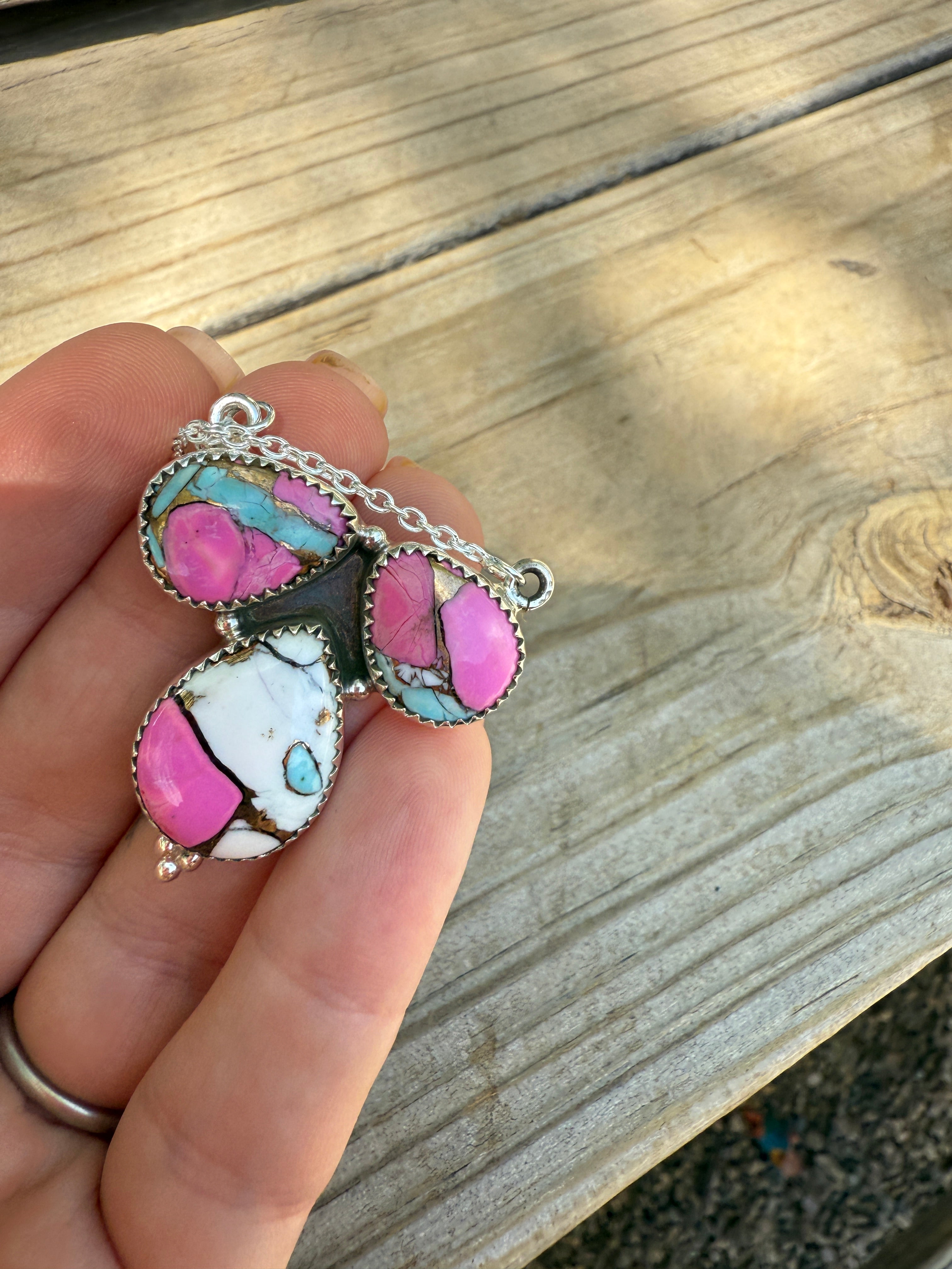 Handmade Cotton Candy Sterling Silver 3 Stone Necklace