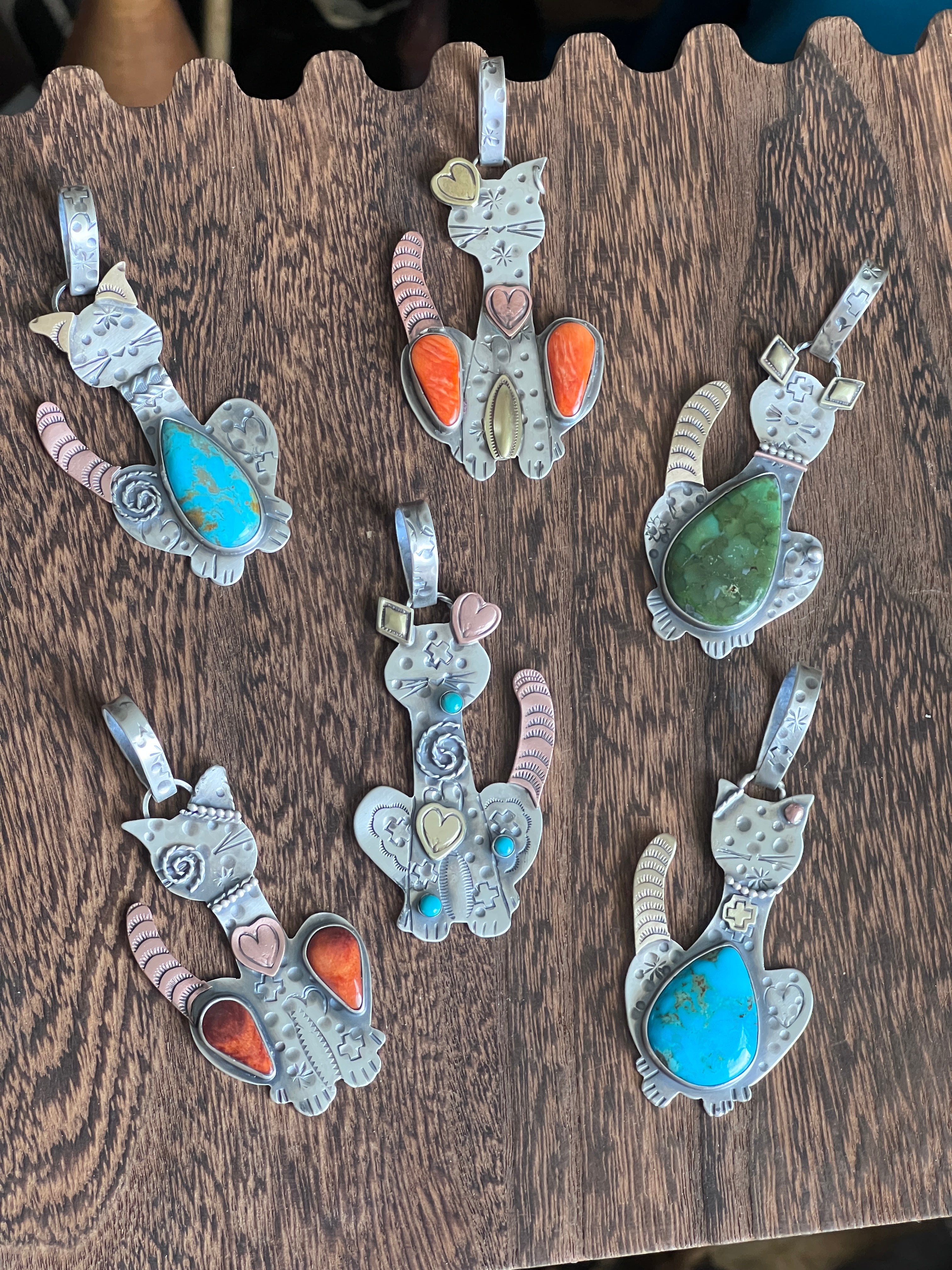 The Kimi-Cats: Hand Stamped and Layered Sterling Silver, Brass, Copper, Turquoise & Spiny Oyster Cat Pendants by Kimari Somers