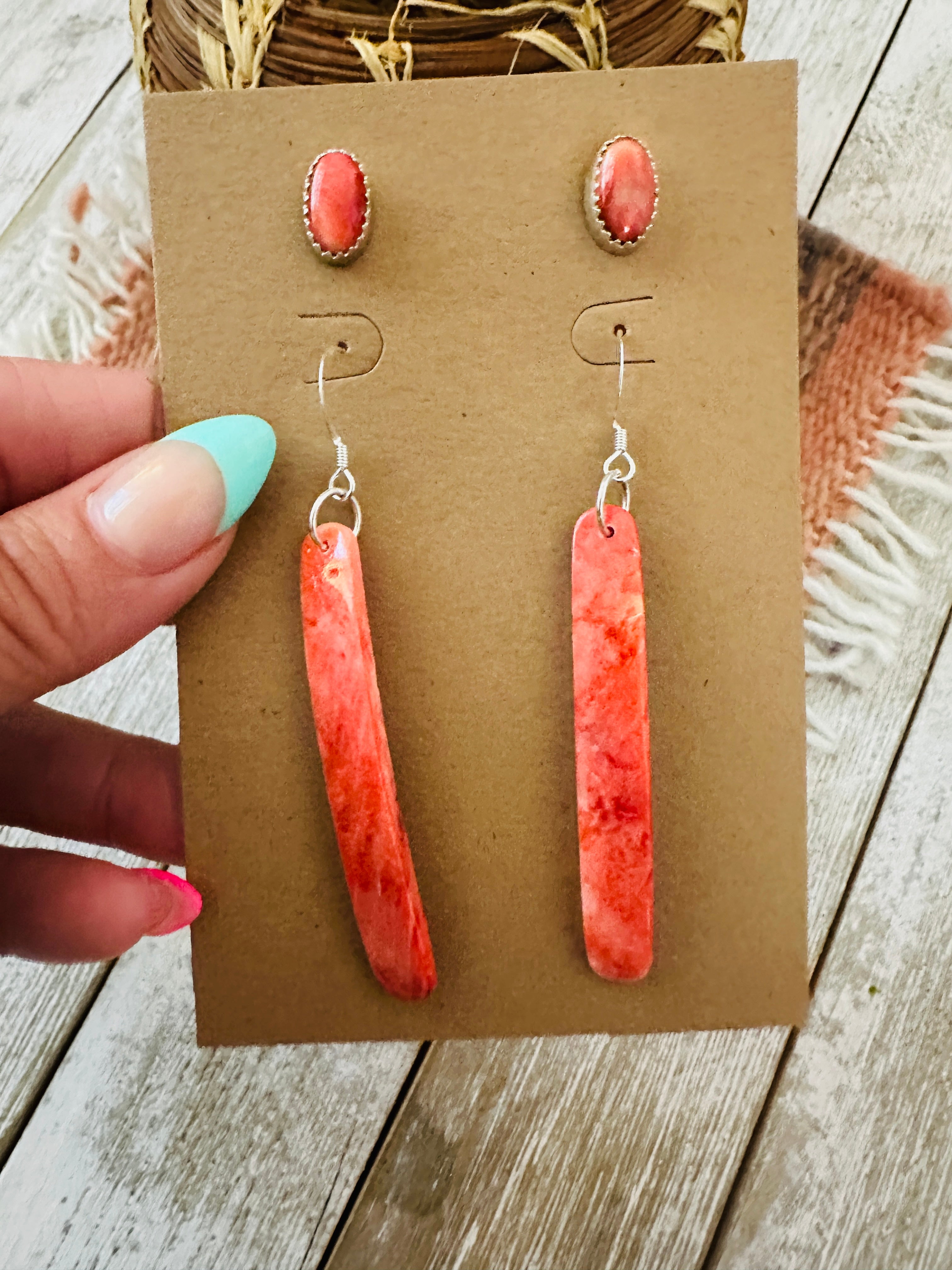 Handcrafted Orange Spiny Slab Dangle & Stud Earring Set